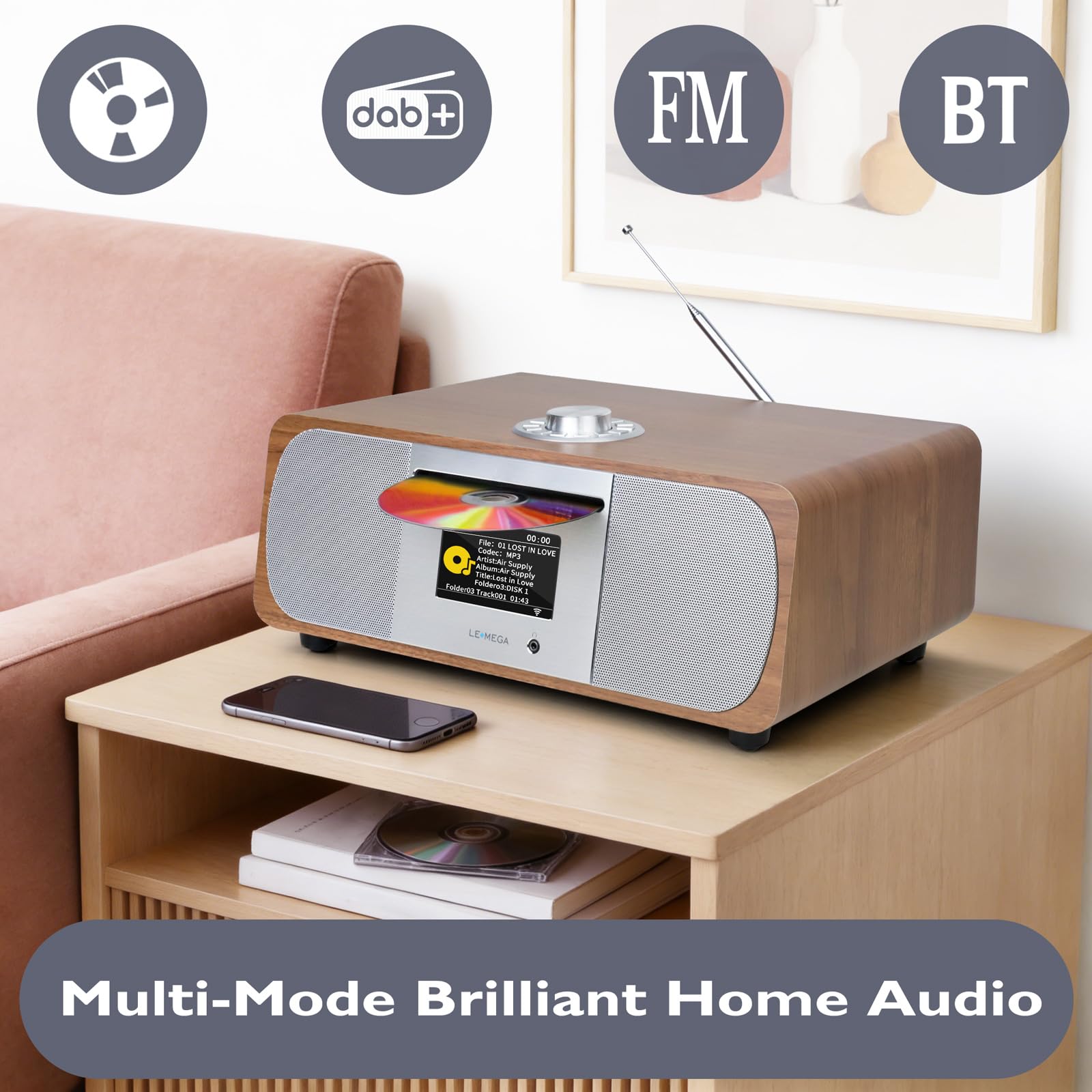 LEMEGA M6P CD-Player mit DAB/DAB+ & FM-Radio, Bluetooth-Streaming, 150W Stereo-HiFi-System mit internem Subwoofer, 2,8" Farbdisplay, 40 Speicherplätze, Fernbedienung, Akustisches Holzgehäuse,Walnuss