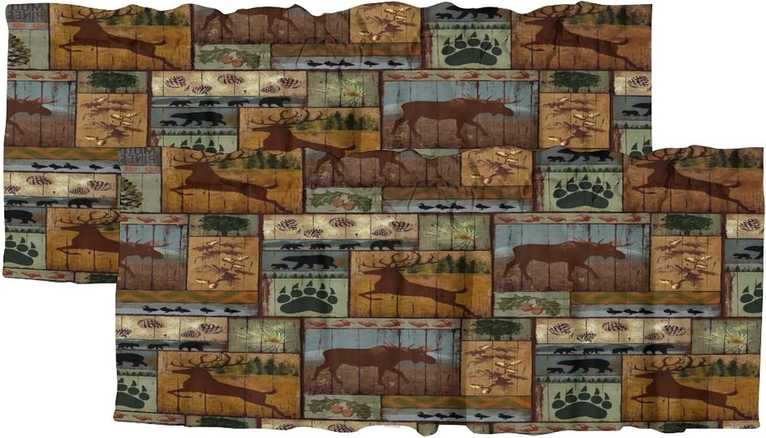 Rustic Farmhouse Deer Rod Pocket Valance Curtains,Cabin Retro Lodge Hunting Theme Elk Deer Bear Window Valances for Kitchen Living Bathroom 54x18inch（2Pcs）