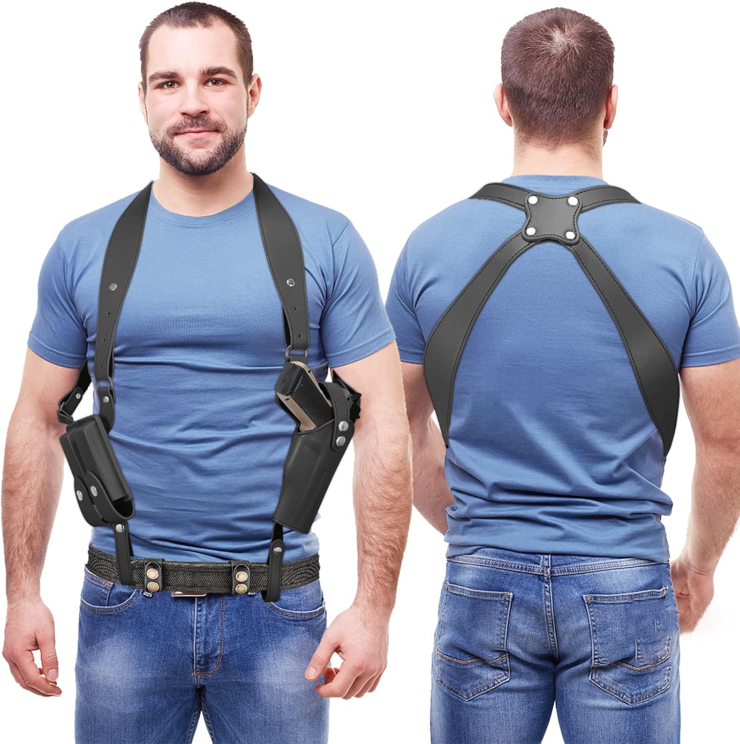 Shoulder Holster General Vertical Gun Holster Adjustable Leather Gun Holster for Concealed Carry with Double Magazine Pouch Adjustable for Glock 1911 and Most Kinds of Pistols - Image 8