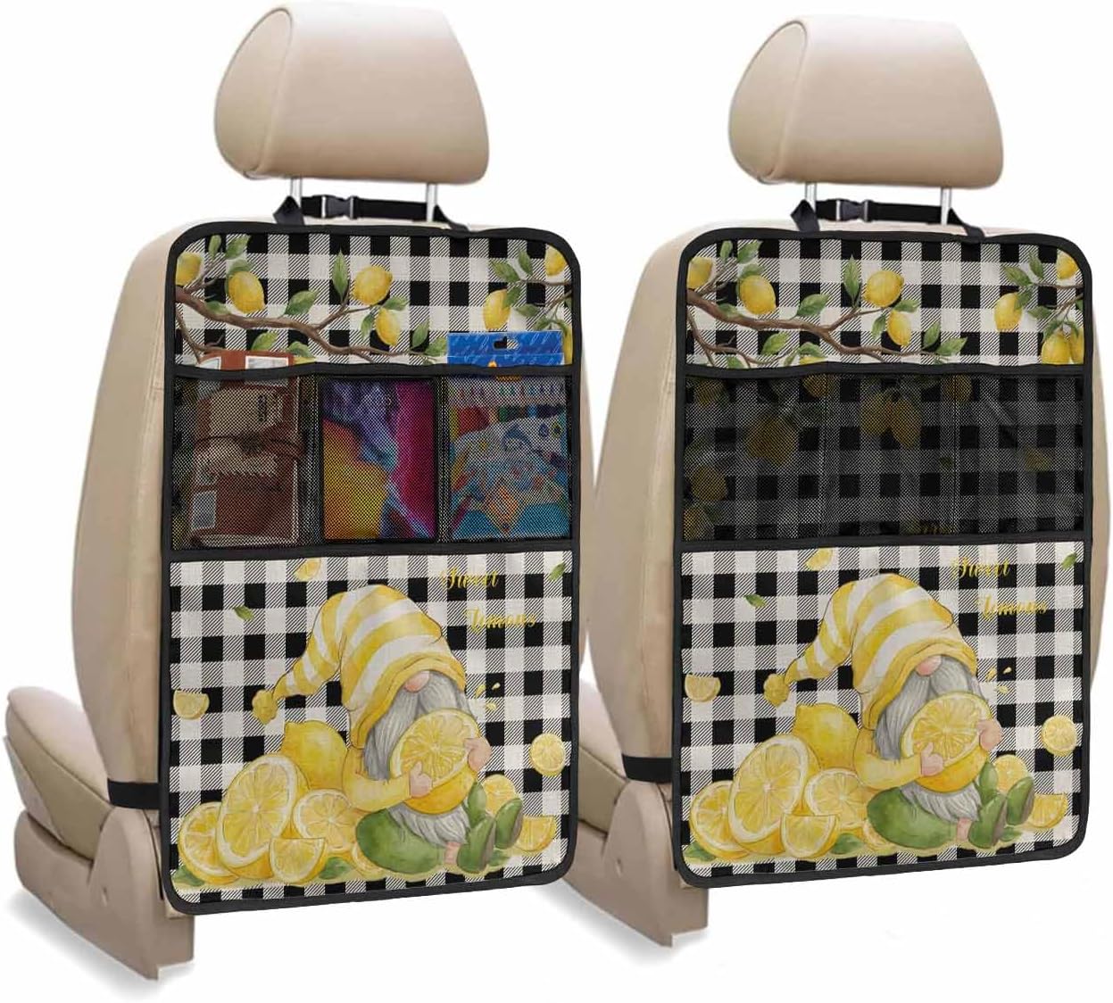 Car Seat Protector, 2 Pack Kick Mats with Organizer - 3 Pocket Storage, Summer Gnome Farm Lemon Tree Branch Black White Plaid Back Seat Cover for Kids Universal Fit Automotive Interior Protectors