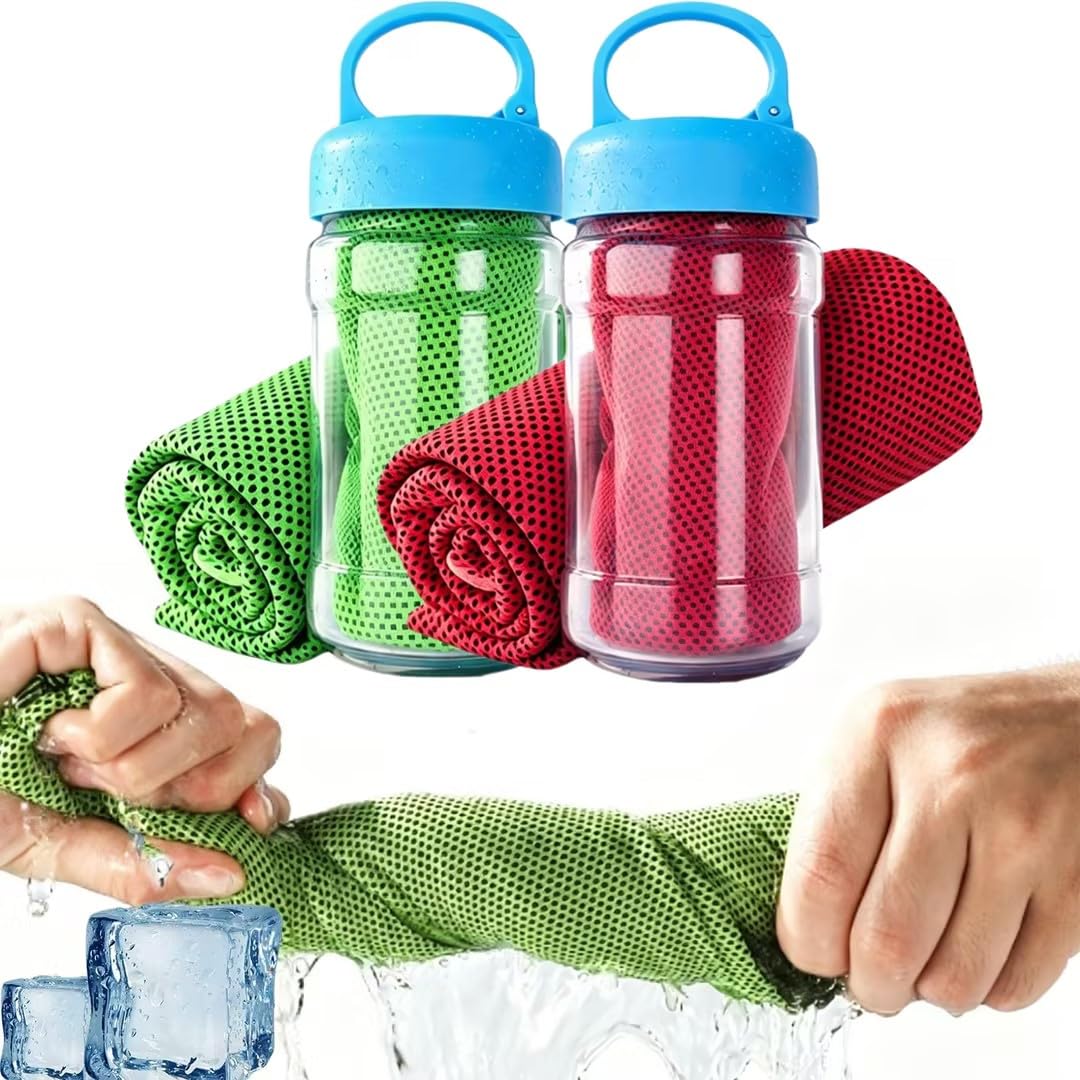 Cooling Towel for Hot Weather,Ice Cool Microfibre Towel for Neck,Ice Towel Bottle,Cooling Cloths for Hot Weather,Durable Polyester,Quick Dry Mesh,Soft to Touch 80x30 Cm,For Men & Women (Green+Red)