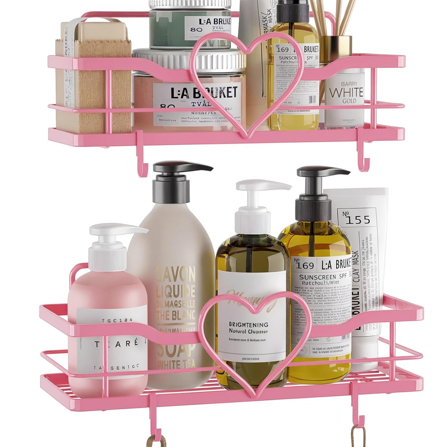 FLCITY Pink Shower Caddy with 4 Removable Hooks 2 Pack Sweet Heart Shower Shelves No Drilling Adhesive Organizer