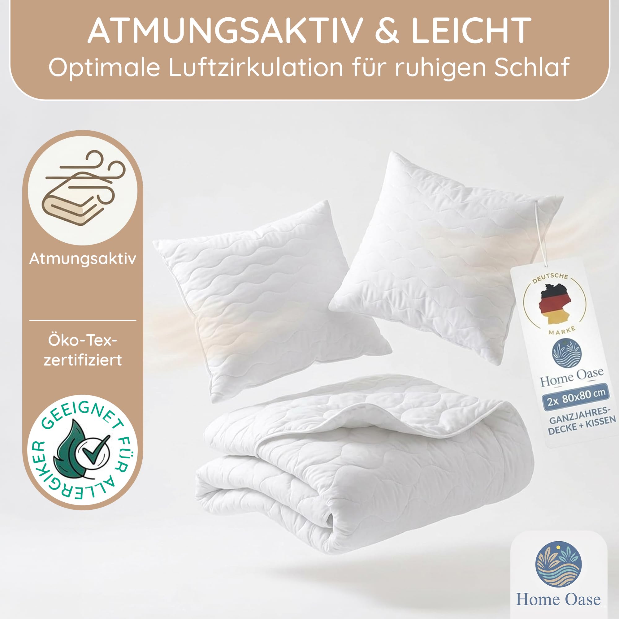 Bettdecken Set 4-teilig - 2X Ganzjahres Decke 135x200 + 2X Kissen 80x80 cm - ÖKO-TEX® Zertifiziert - pflegeleicht waschbar bis 95° - Bettenset weich & atmungsaktiv - Made in EU