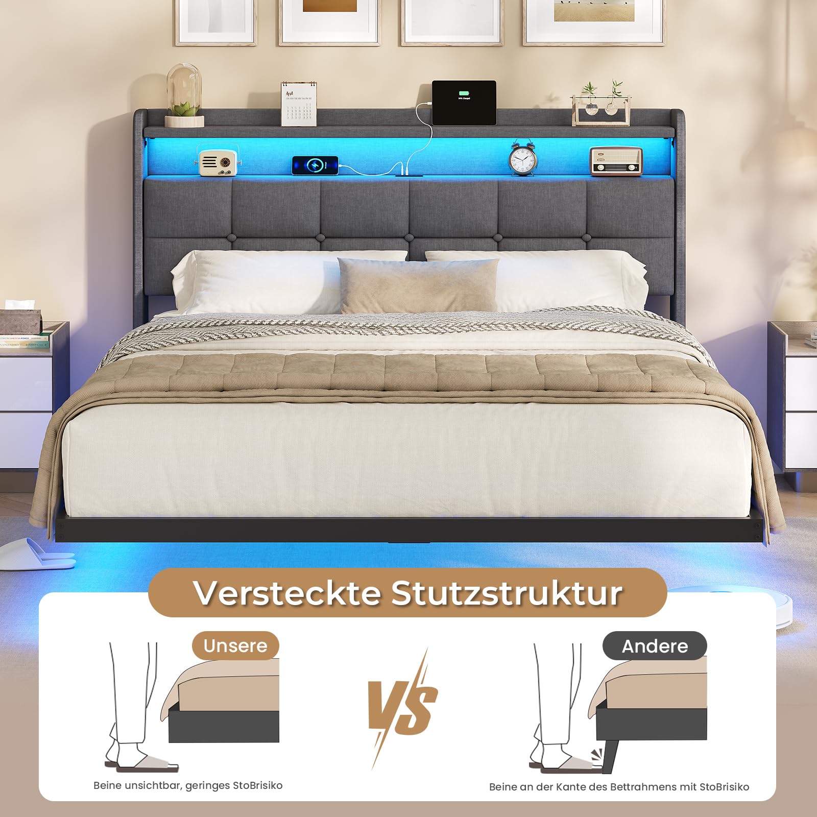 AOGLLATI Polsterbett 140x200 cm, Doppelbettgestell, Bettrahmen mit LED-Beleuchtung und Ladestation, Bettgestell mit Kopfteil, Bett Schwebebettrahmen, Metallbett, Leinen, Dunkelgrau (ohne Matratze)