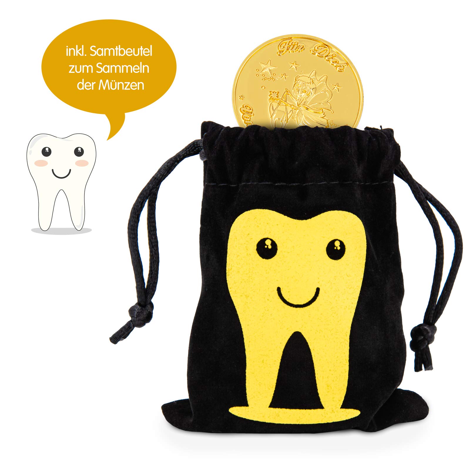 ZWEN Zahnfee Münzen gold 10 Stk - Zahnfee Geschenke für Mädchen + Jungen | Zahnfee Münzen + gratis E-Book mit 20 Zahnfee Geschichten für alle Milchzähne - Süße Münze als Zahnfee Geschenk