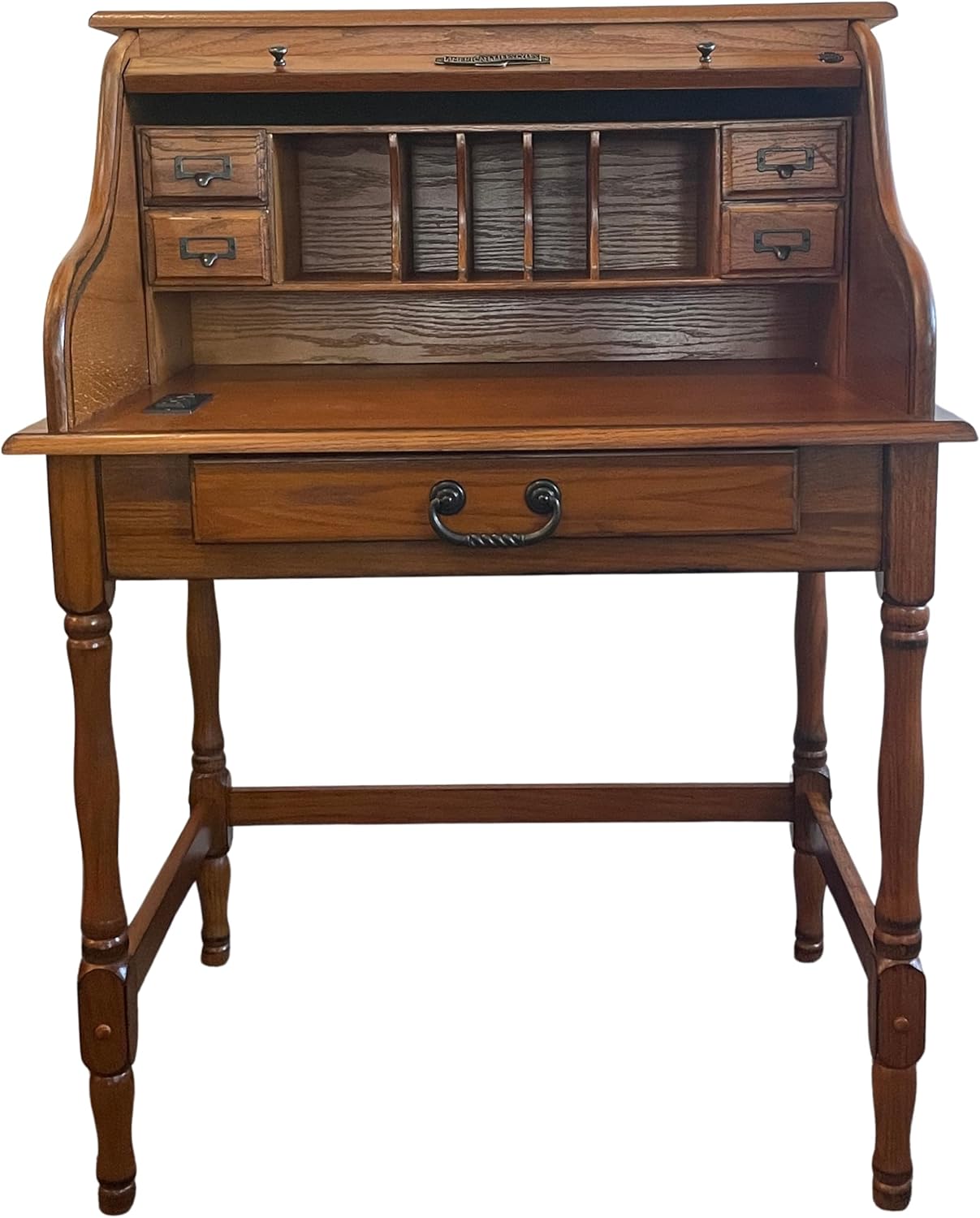 Mini Roll Top Desk Solid Oak Wood 32x24x44 Burnished Walnut Finish Small Desk for Home Office, Kitchen, Bedroom, Living Room, or Den