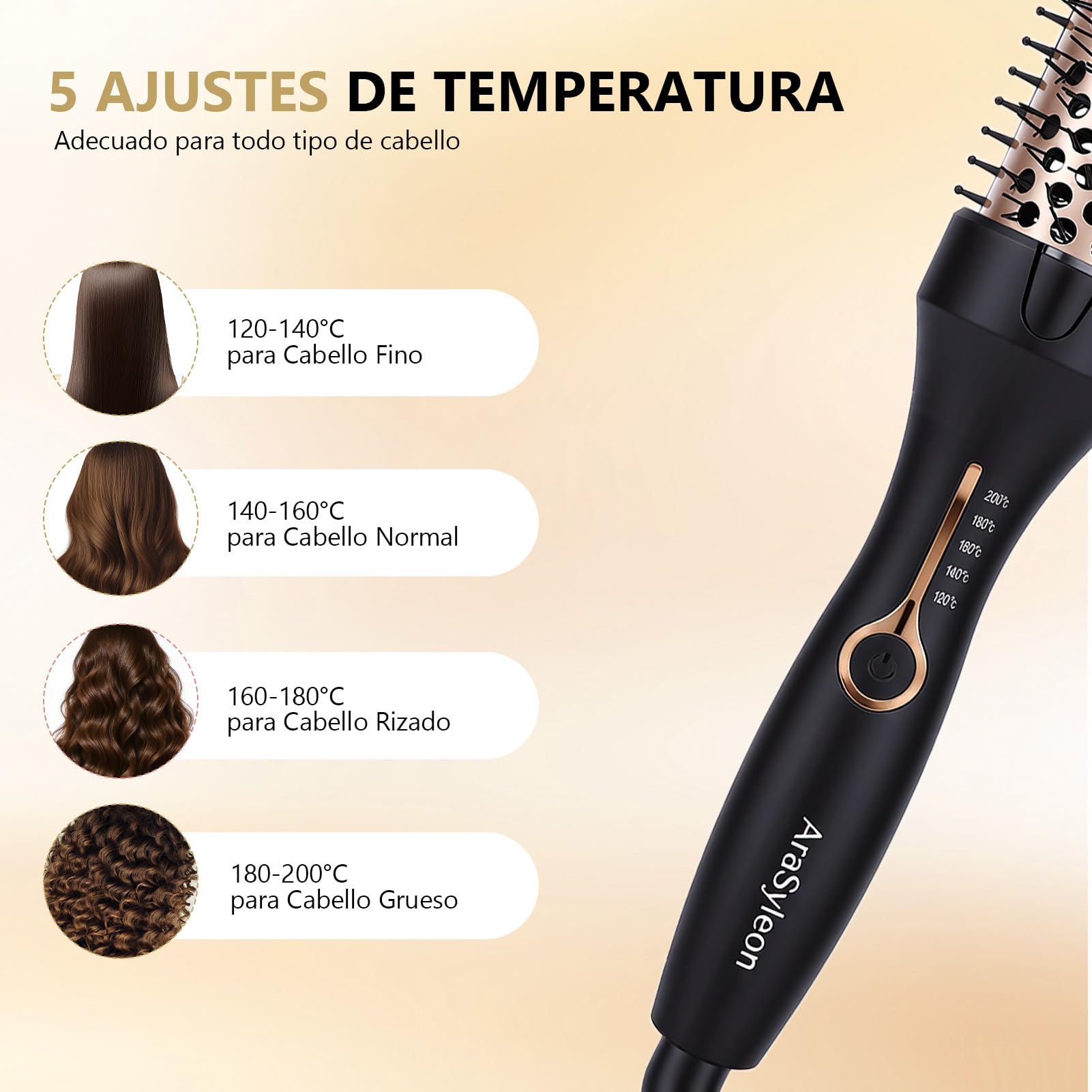 AraSylen Cepillo Térmico con Tecnología de Iones | Cepillo Eléctrico para el Pelo | 38mm, 5 Niveles de Temperatura (120-200°C) | Cerámica-Turmalina, Calentamiento en 30s | Cepillo Redondo Eléctrico