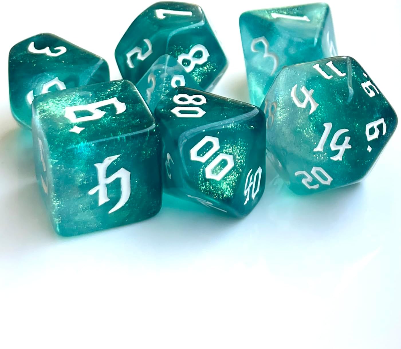 Polyhedral Dice Set, 7-Piece Translucent Teal with Glitter, White Numbers for DND