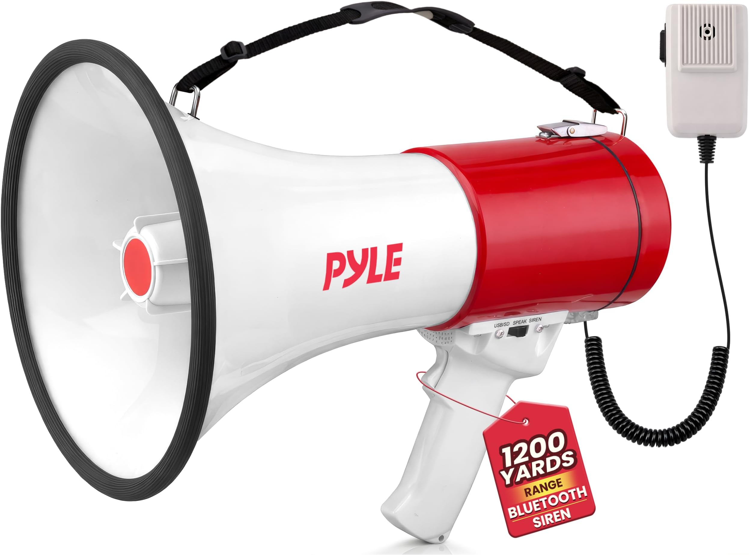 Pyle Megaphone - 50 Watt Bluetooth PA Bullhorn with Adjustable Volume Control, 1200-Yard Range, USB/SD/AUX Inputs for Music, Ideal for Sports, Cheer & Coaching