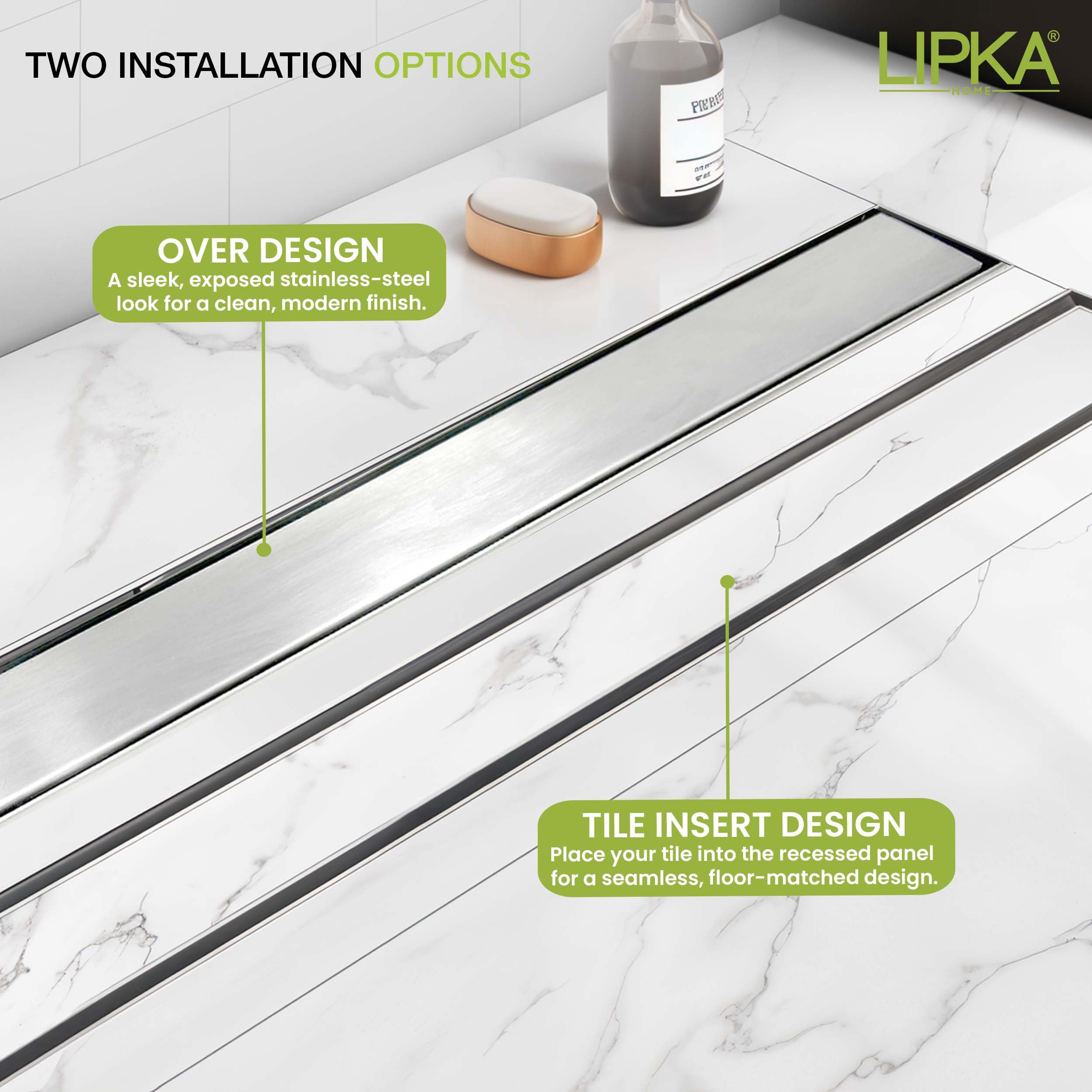 LIPKA Rectangular Tile Insert Shower Drain Channel | 18 x 3 Inches | Waste Water Floor Drain for 13mm Tile | 304 Stainless Steel | Invisible Shower Drainer Channel | Anti Cockroach Trap and Side Hole — Amazon image 5