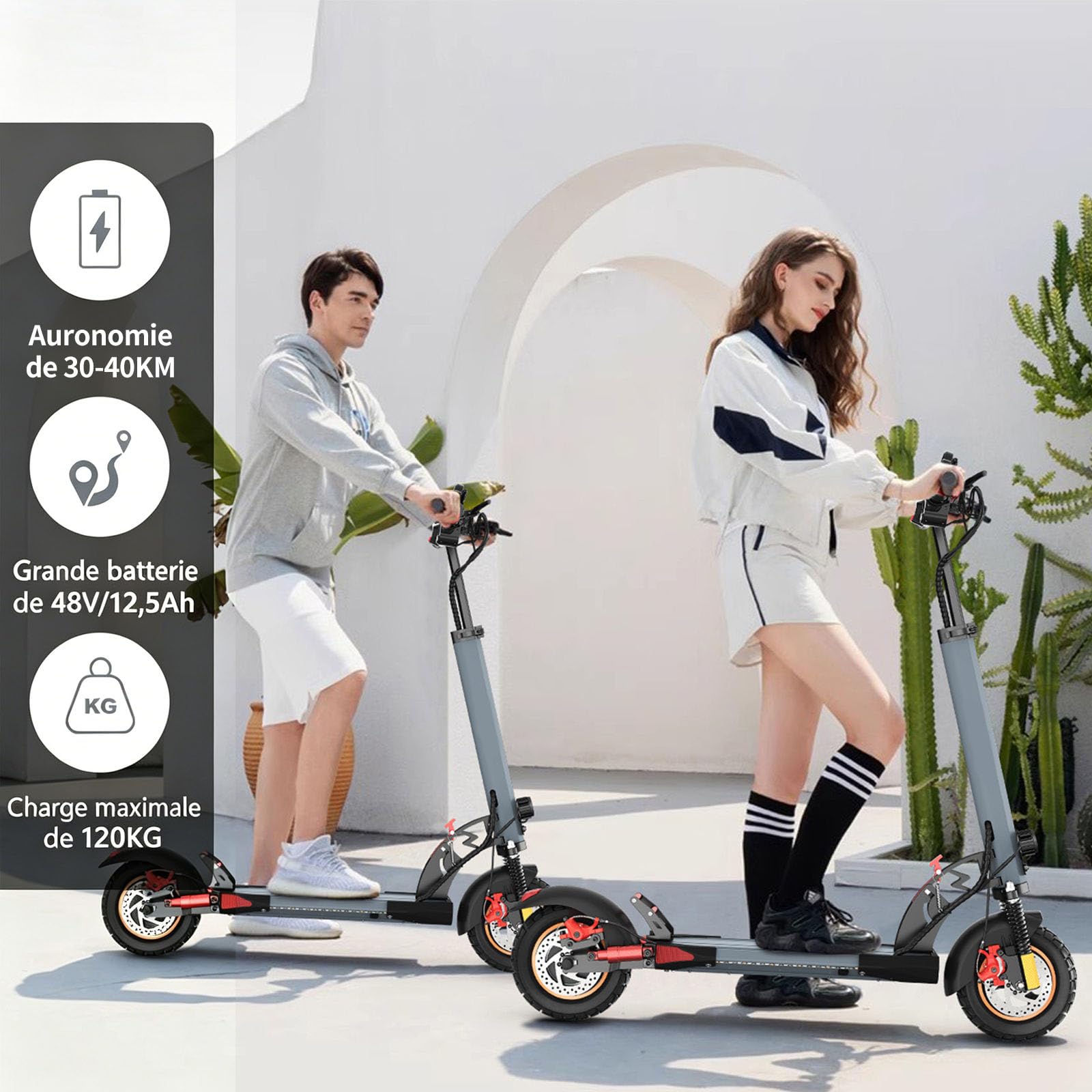 800W Trottinette Électrique Adulte - 10" Tout Terrain Trotinette Electrique Pliable Autonomie 30-40KM,Batterie 48V 12.5Ah Escooter Double Suspension Double Frein Scooter Charge 120kg