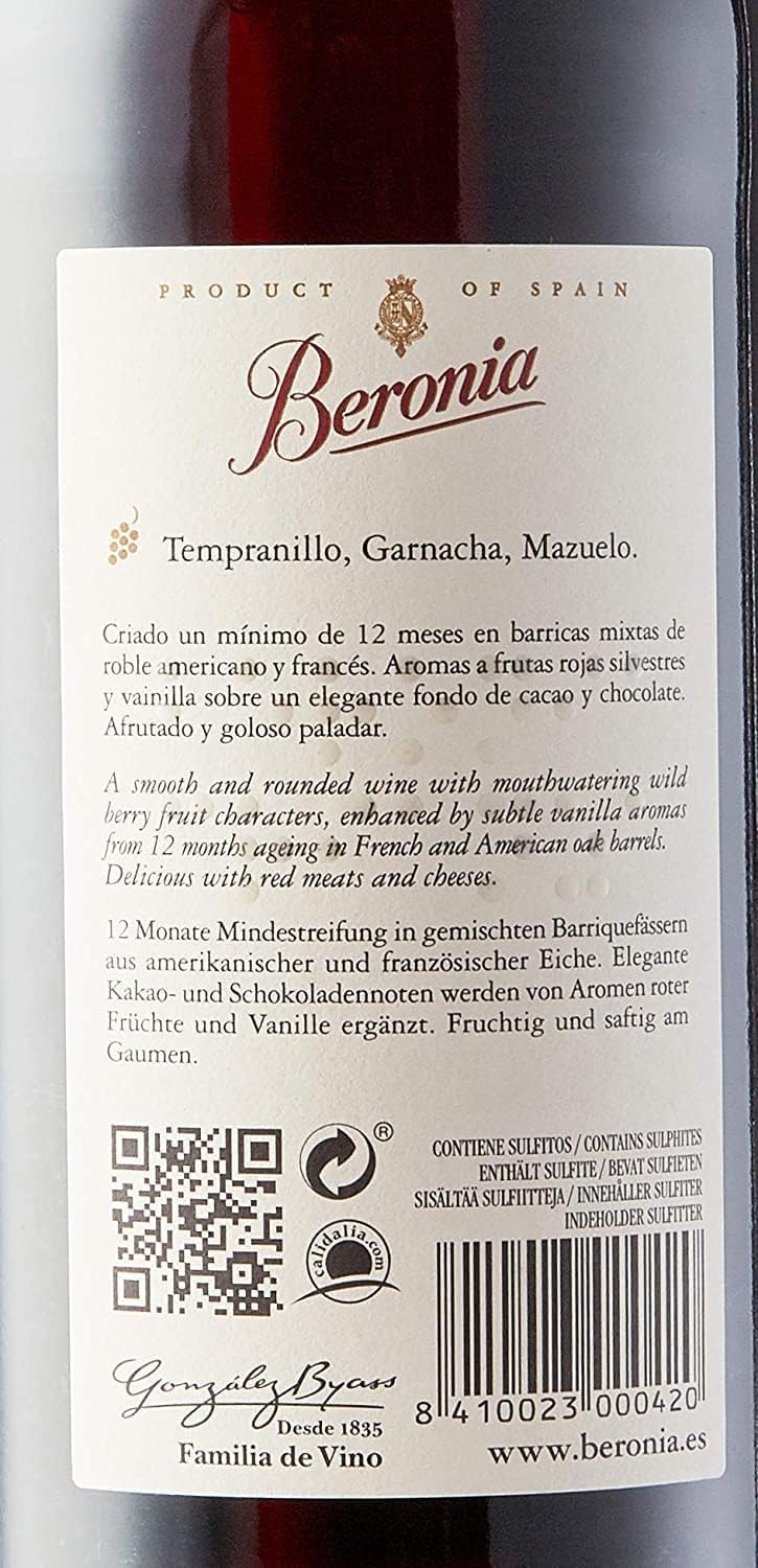 Beronia Crianza - Vino Tinto D.O.Ca. Rioja - 3 botellas de 750 ml - Total: 2250 ml, el embalaje puede variar