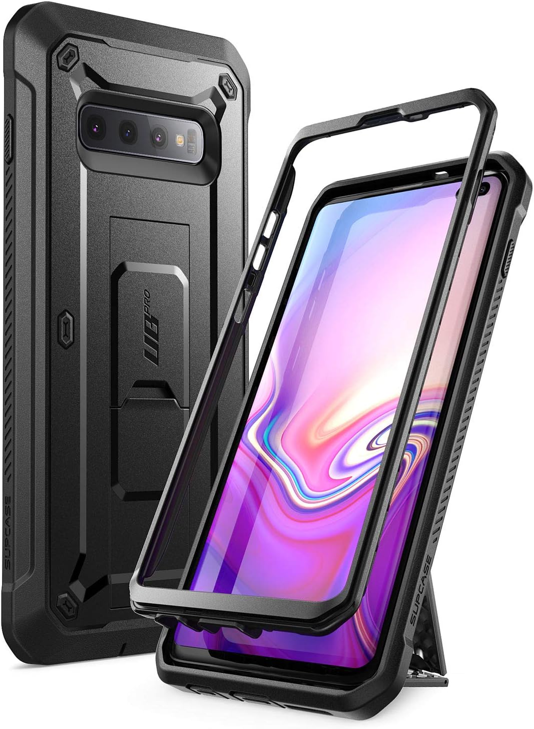 SUPCASE for Samsung Galaxy S10 Plus Case with Built-in Kickstand, Black | 1x Front Frame, Charge Port Cover, Belt Clip Holster, Military-Grade Protection, Anti-Slip, Shockproof, Unicorn Beetle Pro