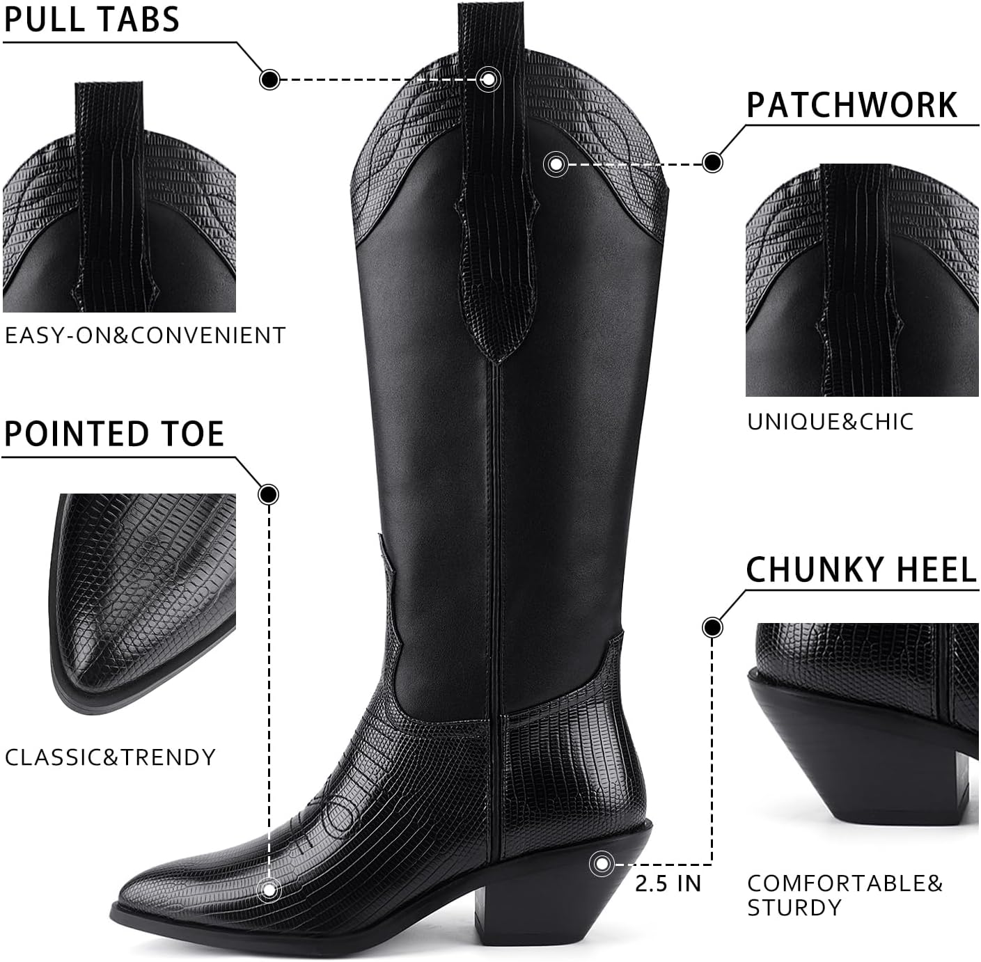 Western Cowboy Boots for Women Knee High Cowgirl Boots Pointed Toe Chunky Block Heel Fashion Retro Classic Pull On Tall Boot for Ladies Fall Winter - Image 4
