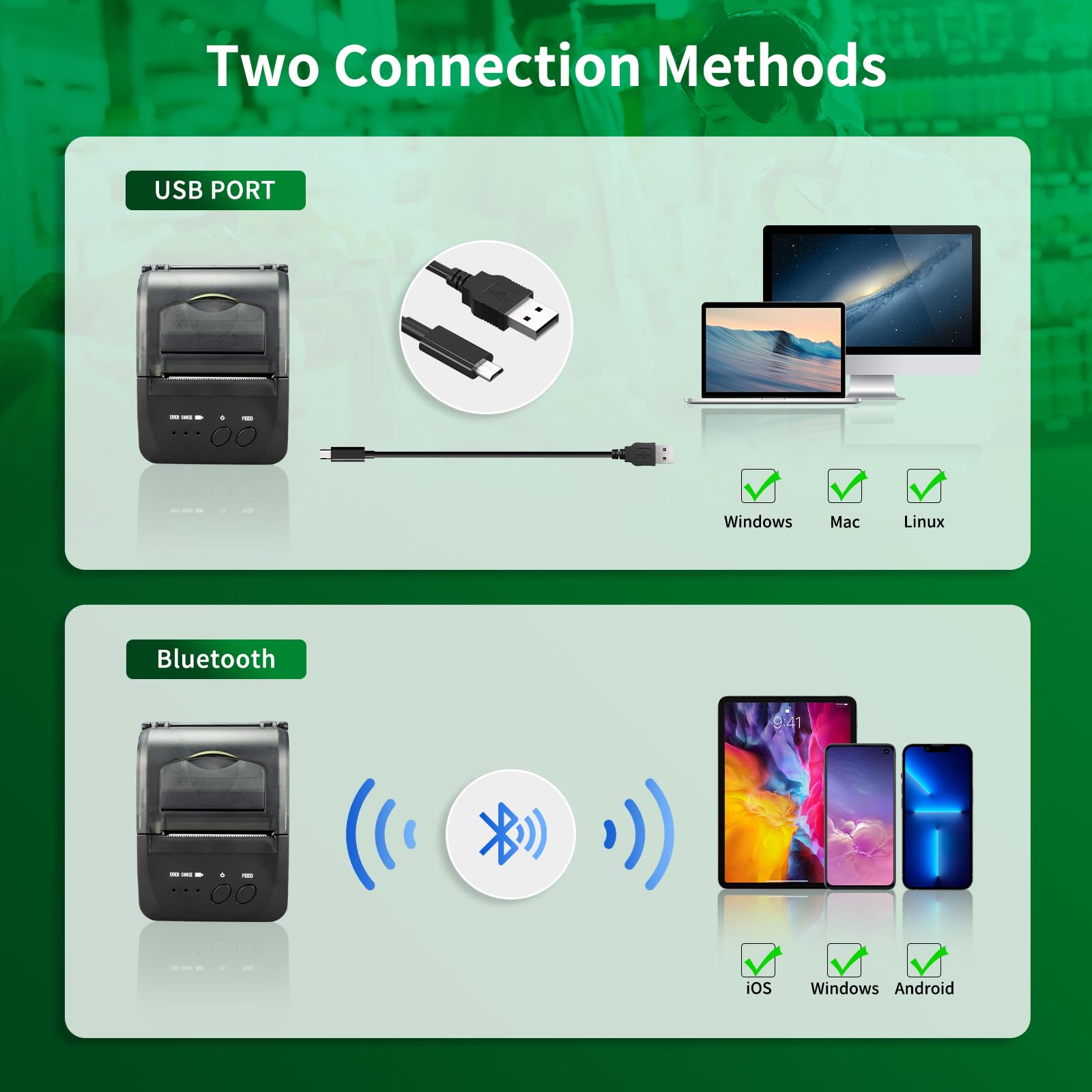 NetumScan Imprimante thermique sans fil Bluetooth 58 mm Mini USB POS pour restaurant compatible Android/iOS/PC/Windows