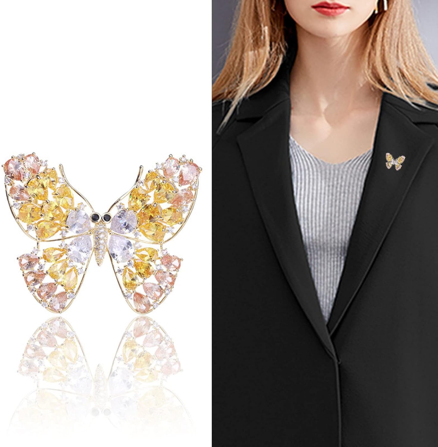 ELEGANT MICRO-SET ZIRCON BUTTERFLY BROOCH CREATIVE INSECT CORSAGE SIMPLE DRESS PIN, PINK, 5.0 * 3.9CM