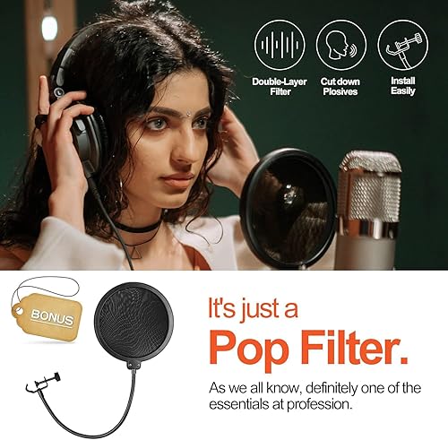 Miniatura 5 de Soporte de micrófono de trípode portátil resistente ajustable con 2 clips y filtro pop para cantar, actuar y actividades al aire libre