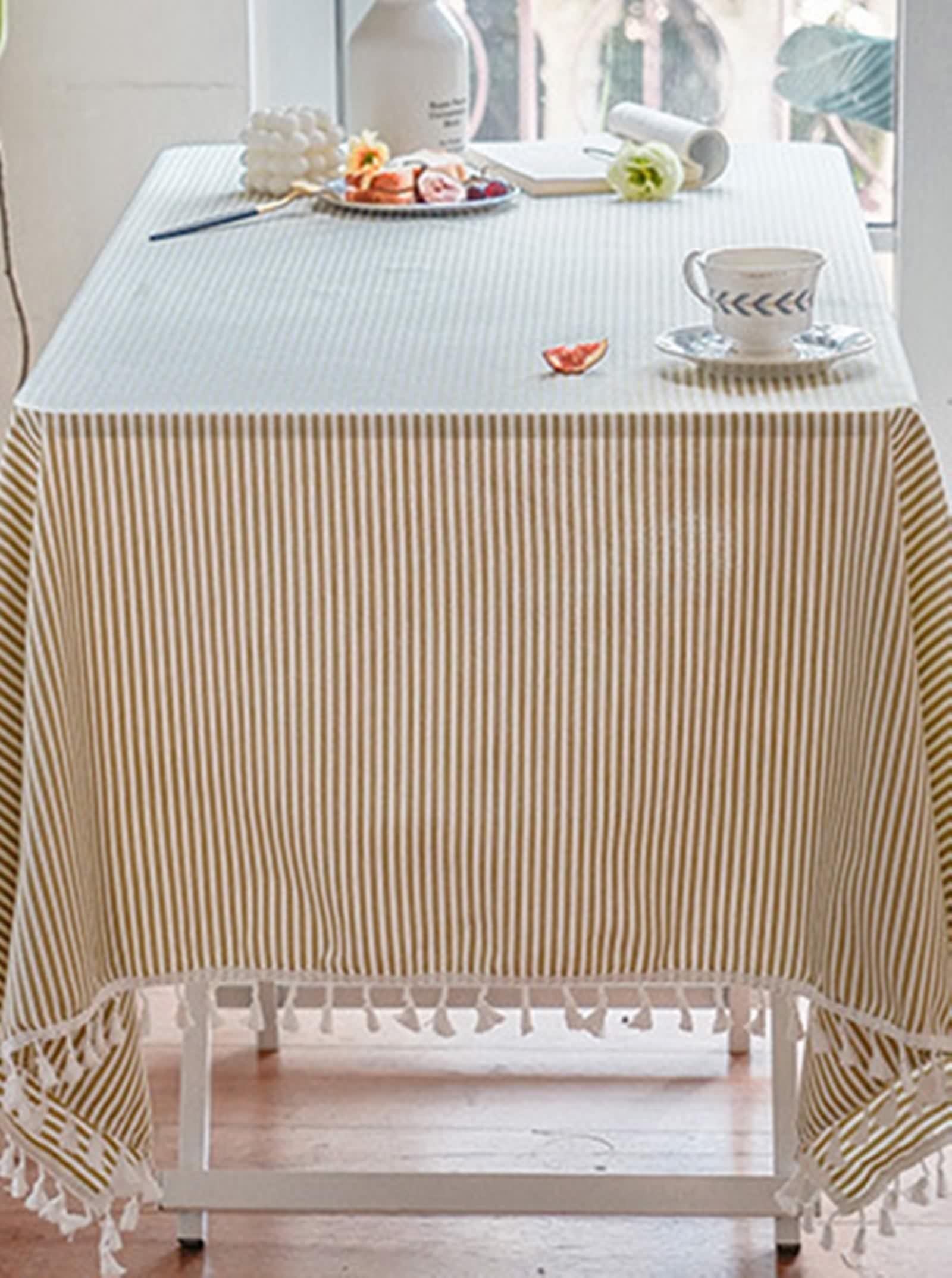 Tovaglia Lino 140X140, Copri Tavolo Cucina Elegante Verde Chiaro Striscia con Nappa Decorativa per Compleanno Festa Matrimonio