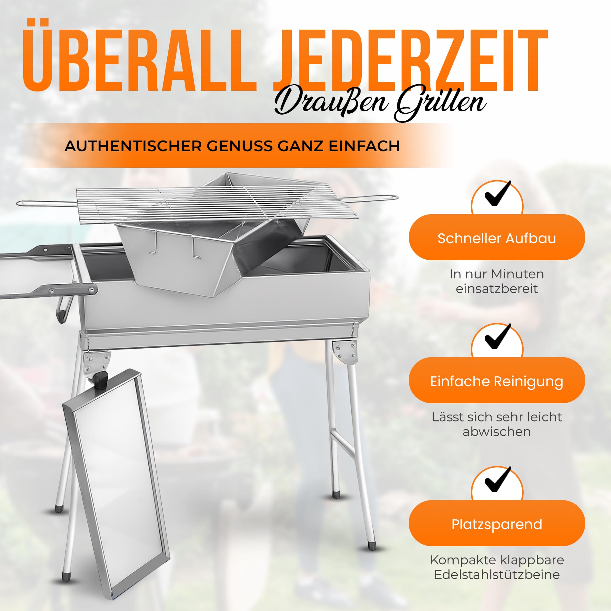 Mangal Holzkohlengrill Edelstahl – Tragbarer Klappgrill mit 14 Spießen, Grillrost, Ascheschublade & Ablagefläche | BBQ Grill für Garten, Terrasse & Camping