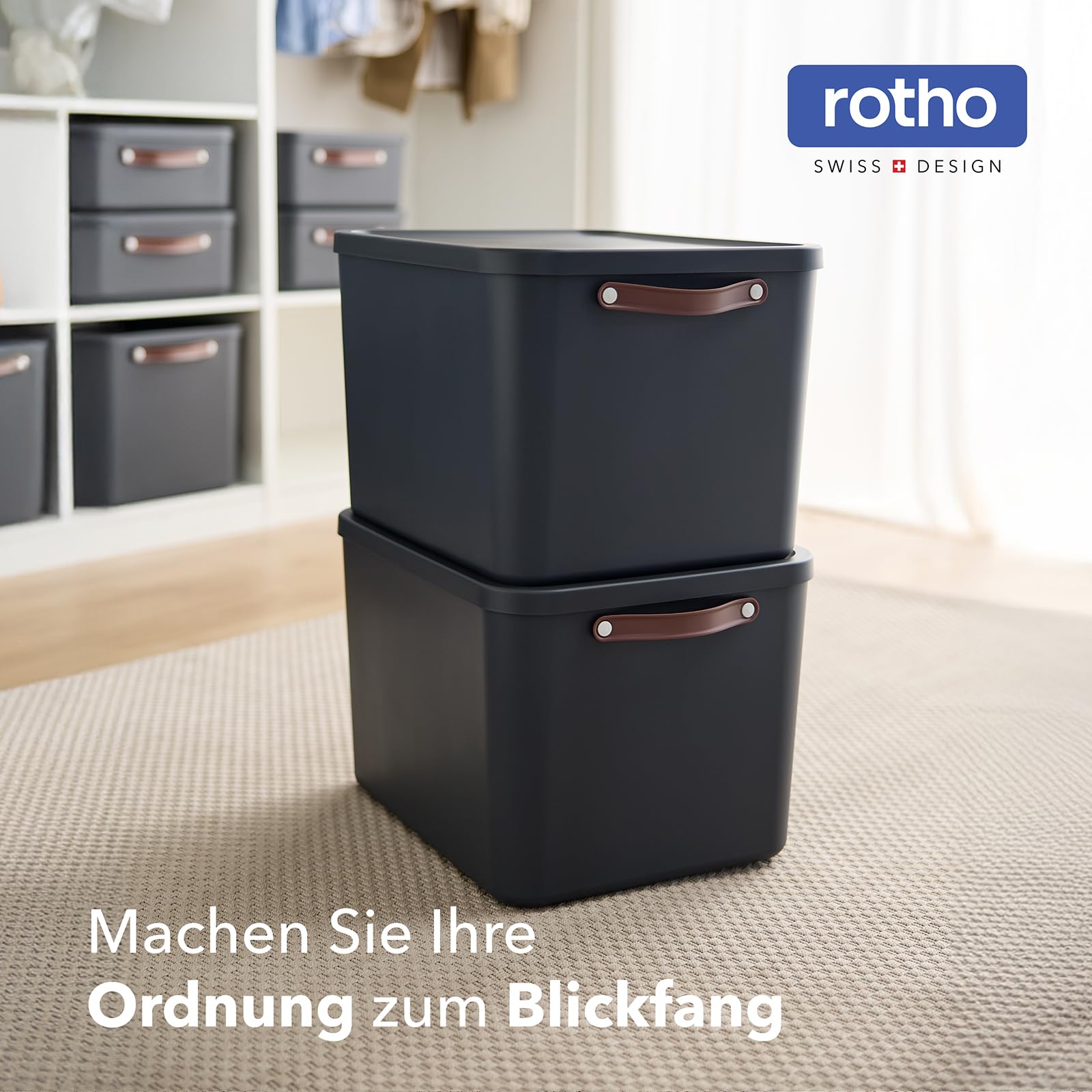 Rotho Maloja Aufbewahrungsbox mit Deckel groß 2er-Set stapelbar Anthrazit | Große stapelbare Kunststoffboxen aus Recycling-Material, 53,5x40x34 cm, robuste Ordnungssysteme für Keller & Büro