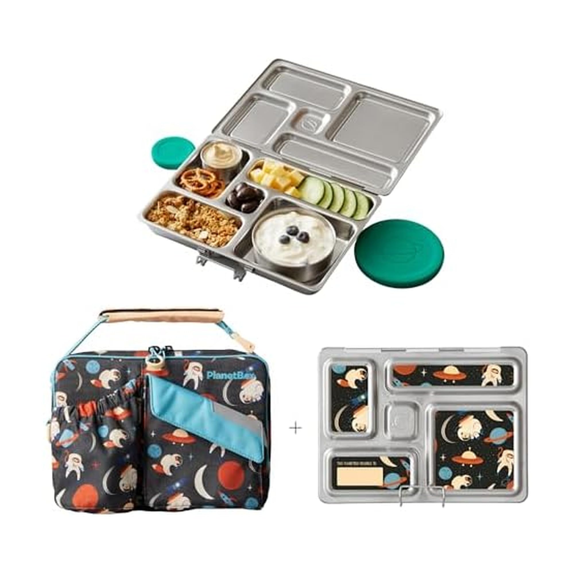 PlanetBox Rover Stainless Steel Bento Lunch Box with 5 Compartments for Adults and Kids, Space Animals Carry Bag and Magnets
