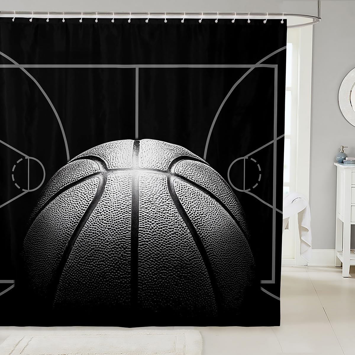 Erosebridal Basketball Shower Curtain 72x72 inch for Kids,Sports Bathroom Curtain for Boys,Basketball Court Fabric Shower Curtain for Fan,Black Ball Game Waterproof Bathroom Curtain