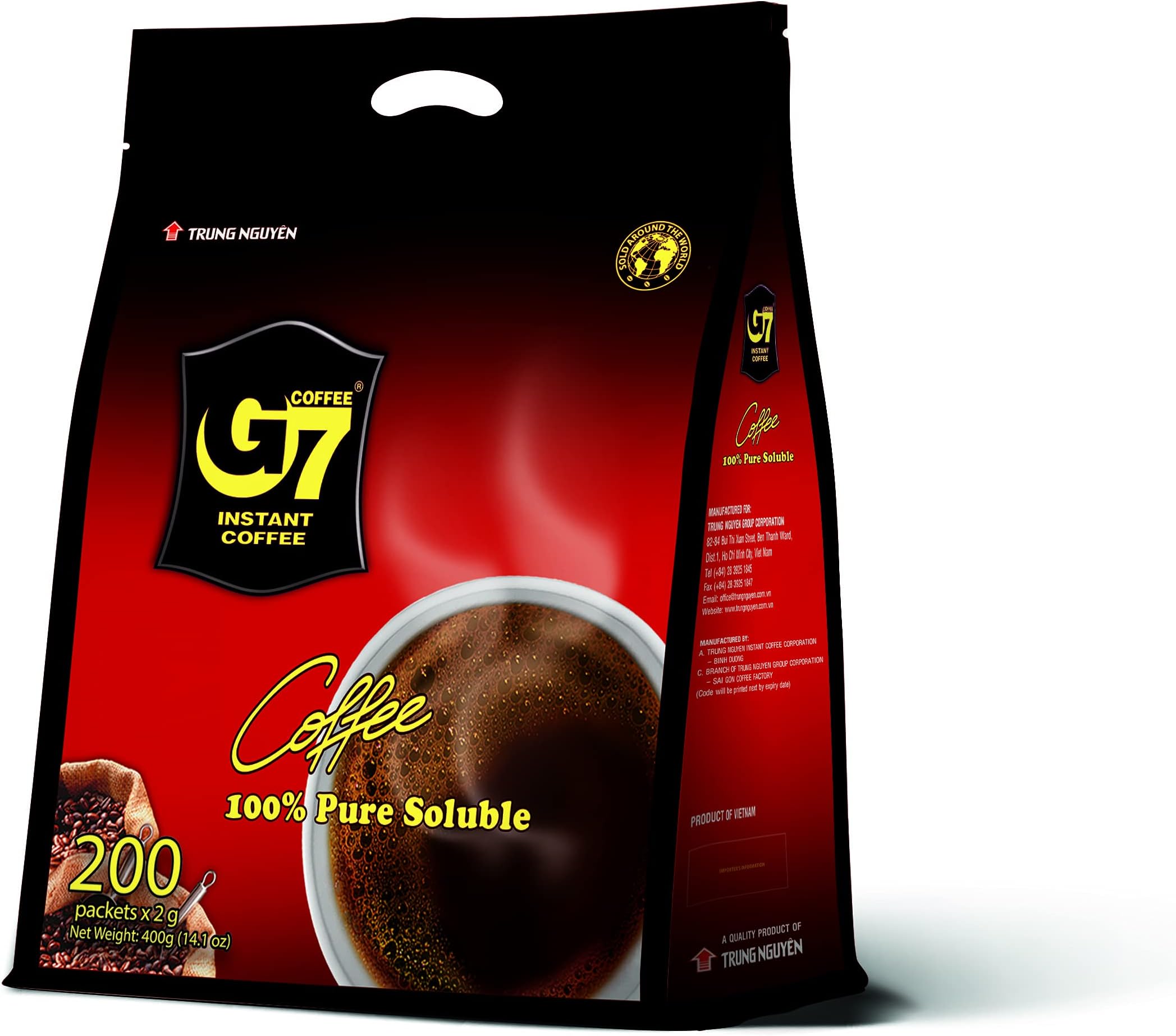TRUNG NGUYEN G7 PURE BLACK Instant Coffee for Energy Boost - 100% Soluble Coffee Without Sugar - Strong, Pure & Rich Vietnamese Instant Energy - Original Taste for Connoiseurs (200 Sachets/Bag)