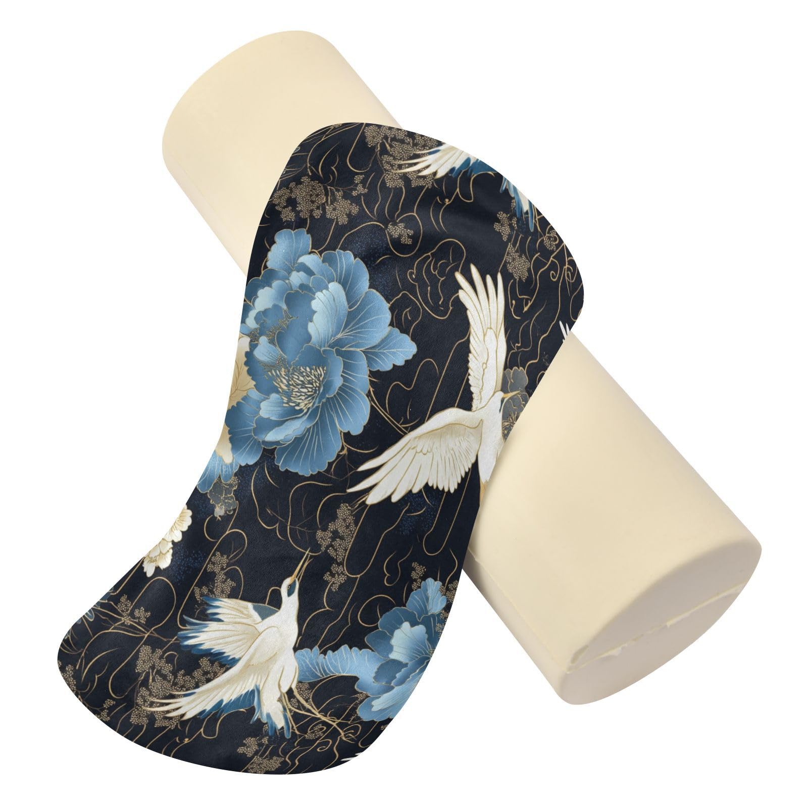 miaozhen Blue and White Vintage Crane Flowers Cervical Neck Roll Pillow Neckroll Pillows for Bed almohadas para Cervical dormir 5.5''x17''