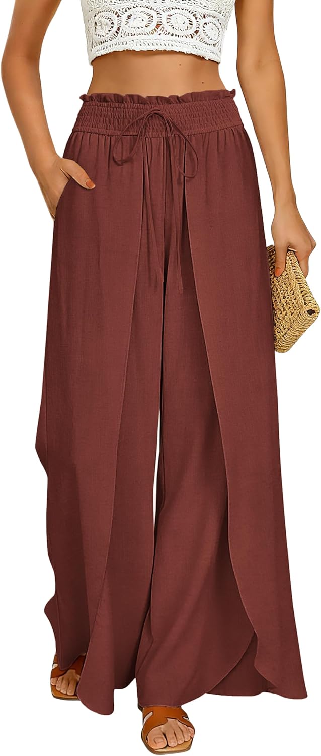 GRACE KARIN Womens Wide Leg Summer Pants Flowy Side Split Palazzo Beach Pants Boho Drawstring High Waisted Trousers