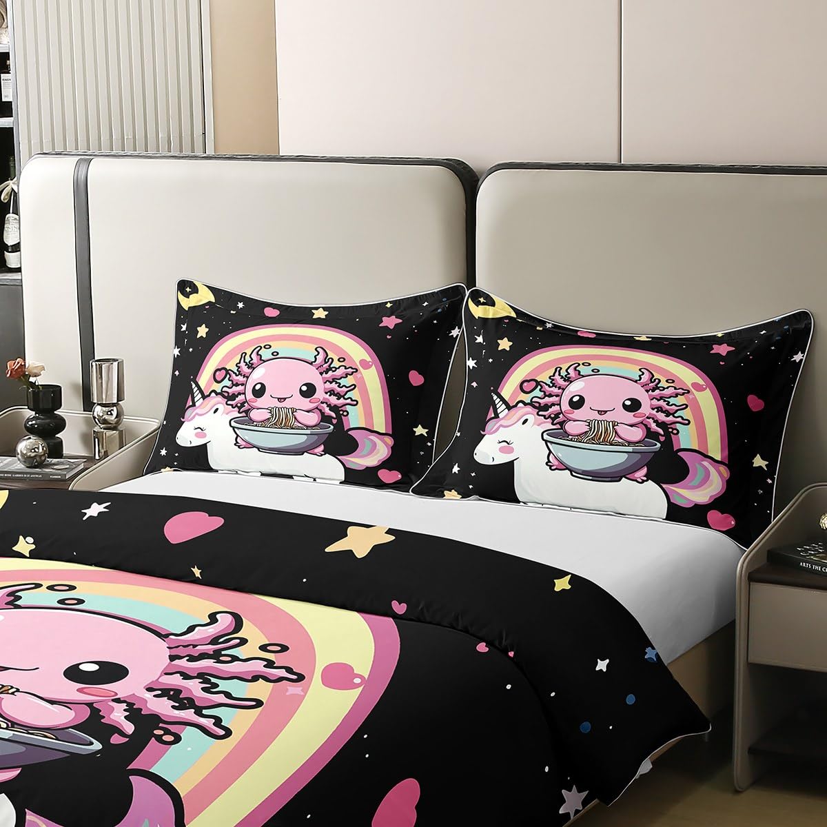 Homewish Gradient Regenbogen Axolotl Baumwolle Bettwäsche 135x200 Kinder,Niedlich Cartoon Einhorn Bettbezug für Mädchen Jungen Teenager,Dampfende Nudeln Kleine Sterne Liebedeko Ästhetische Bett Set