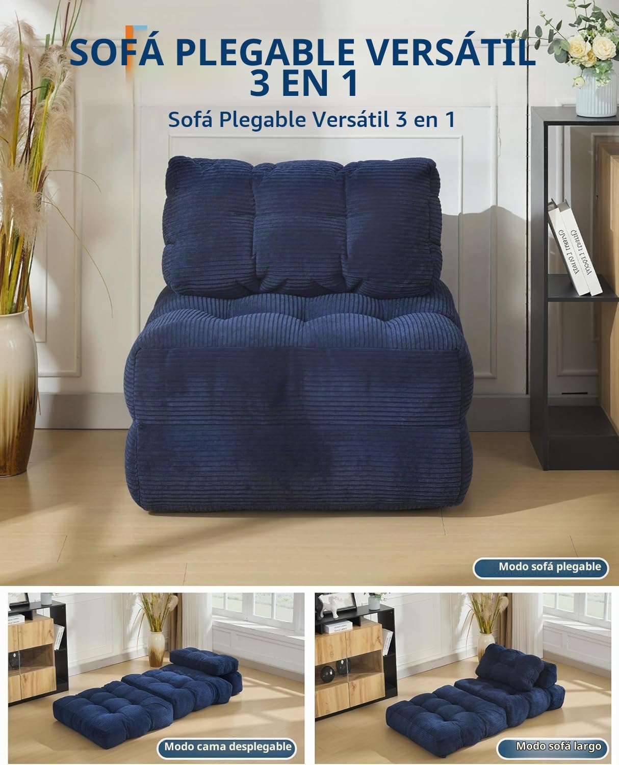 Sofá Cama Tipo Futón De Suelo 190 CM, Colchón Plegable, Incluye Almohada | Sin estructura, colchón plegable integrado, Incluye respaldo y almohada, Funciona como chaise longue, salón y dormitorio