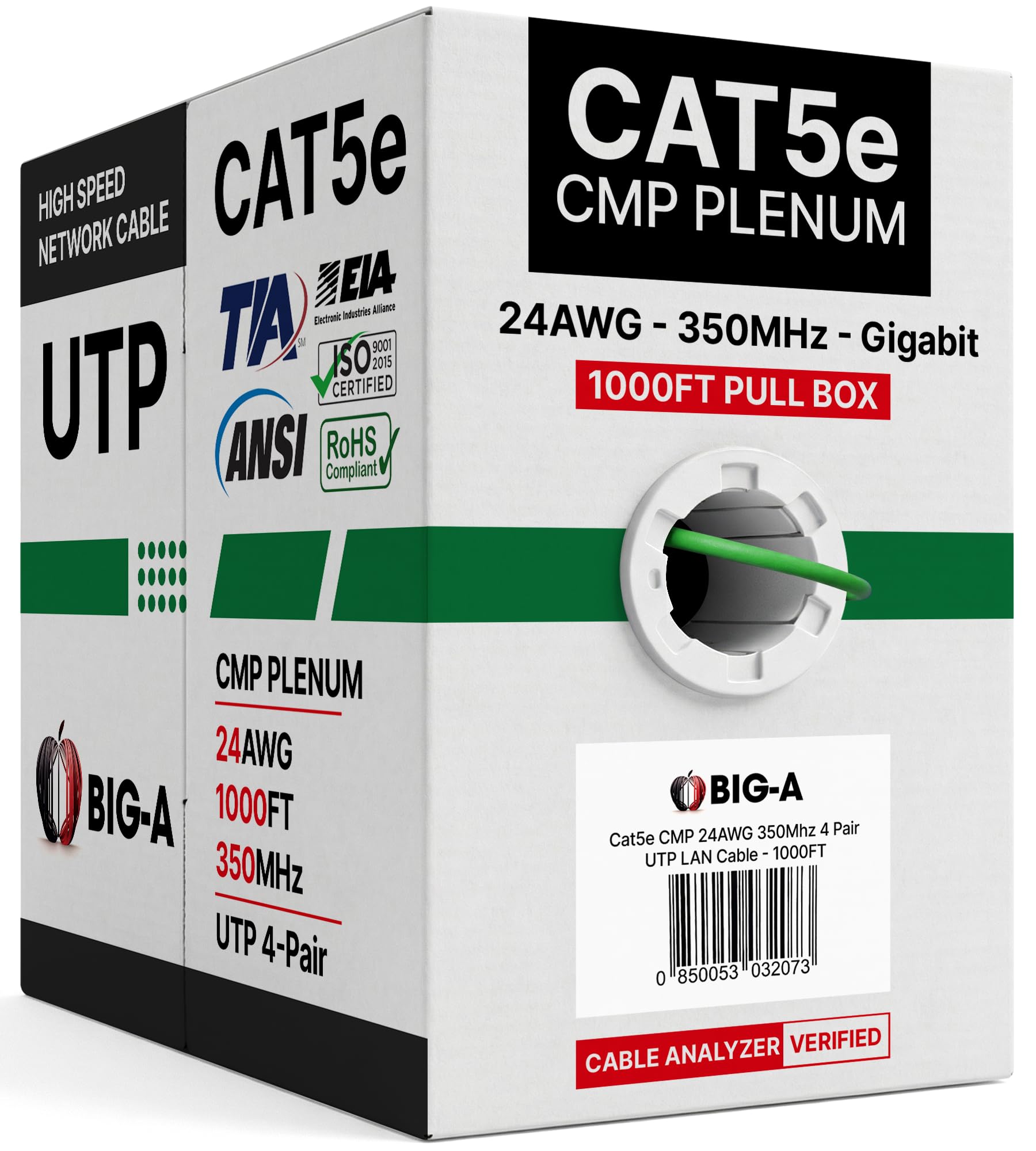 BIG-A - Bulk Cat5e Cavo 24AWG Solid 4 paia Cat5e Ethernet Cable 304,8 m, doppino intrecciato non schermato (UTP), cavo Internet 350MHz, Pull Box - Verde
