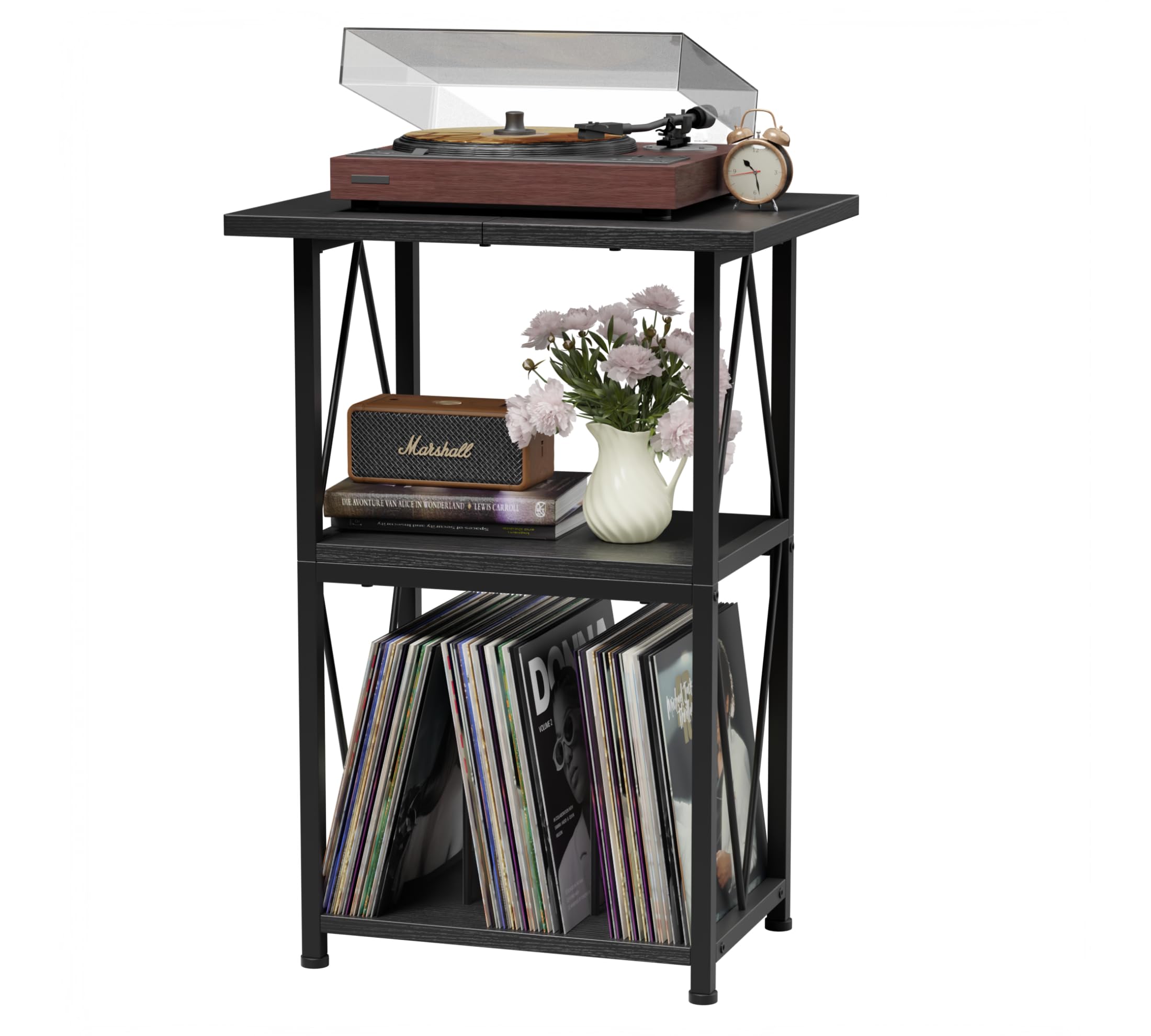Plattenspieler Regal mit Ladestation, Schallplatten Regal, Beistelltisch | Plattenspieler Regal mit breiter schwarzer Strukturplatte, stabilem Rahmen & Platz für 100 LPs – für Wohn-, Schlaf- & Büro.