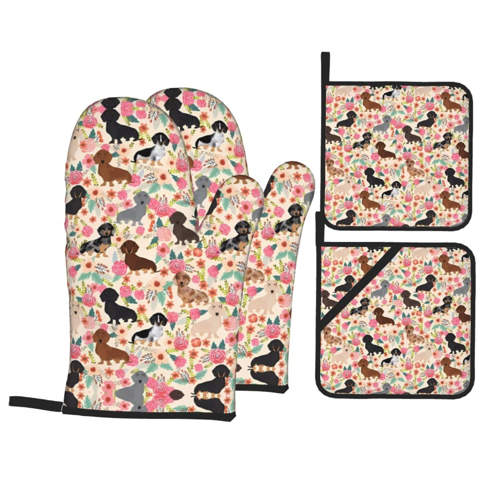 YYHHAOFA dachshund Prints Kitchen Baking Set with Heat Resistant Pot Holders & Oven Mitts - Waterproof Layer for Hot Dishes, Grill & Microwave