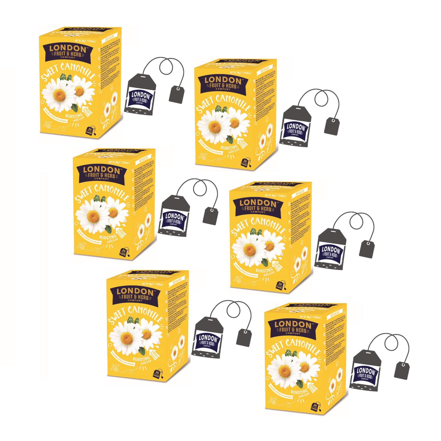 London Fruit® | Napar z rumianku Naturalnie bez kofeiny | Herbata Ziołowa z Kwiatów Rumianku w Filtrach - 6 x 20 Saszetek (180 Gr)