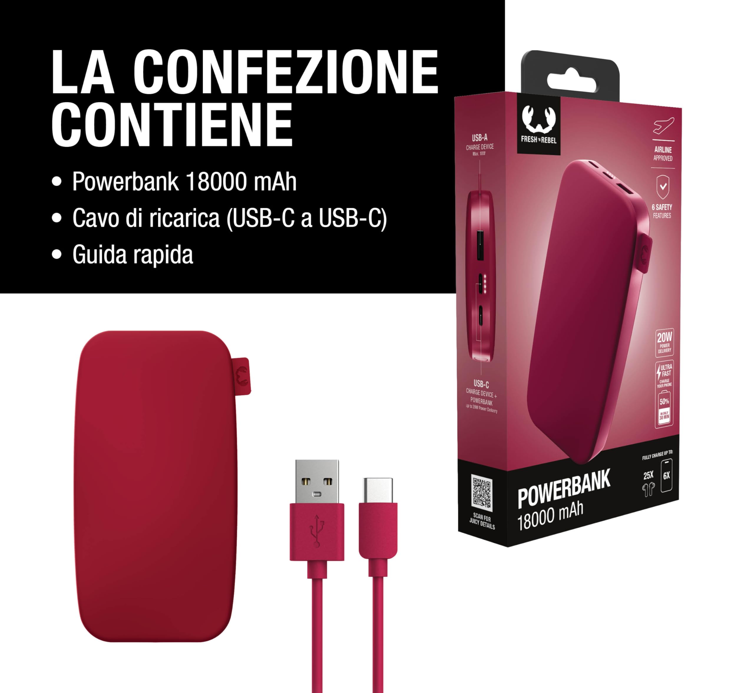 Fresh 'n Rebel Powerbank - USB-C in & out - Ricarica rapida (Fast Charge 20W) - 6 funzioni di sicurezza - Batteria esterna portatile per iPhone e Android (Berry Red, 18000 mAh)