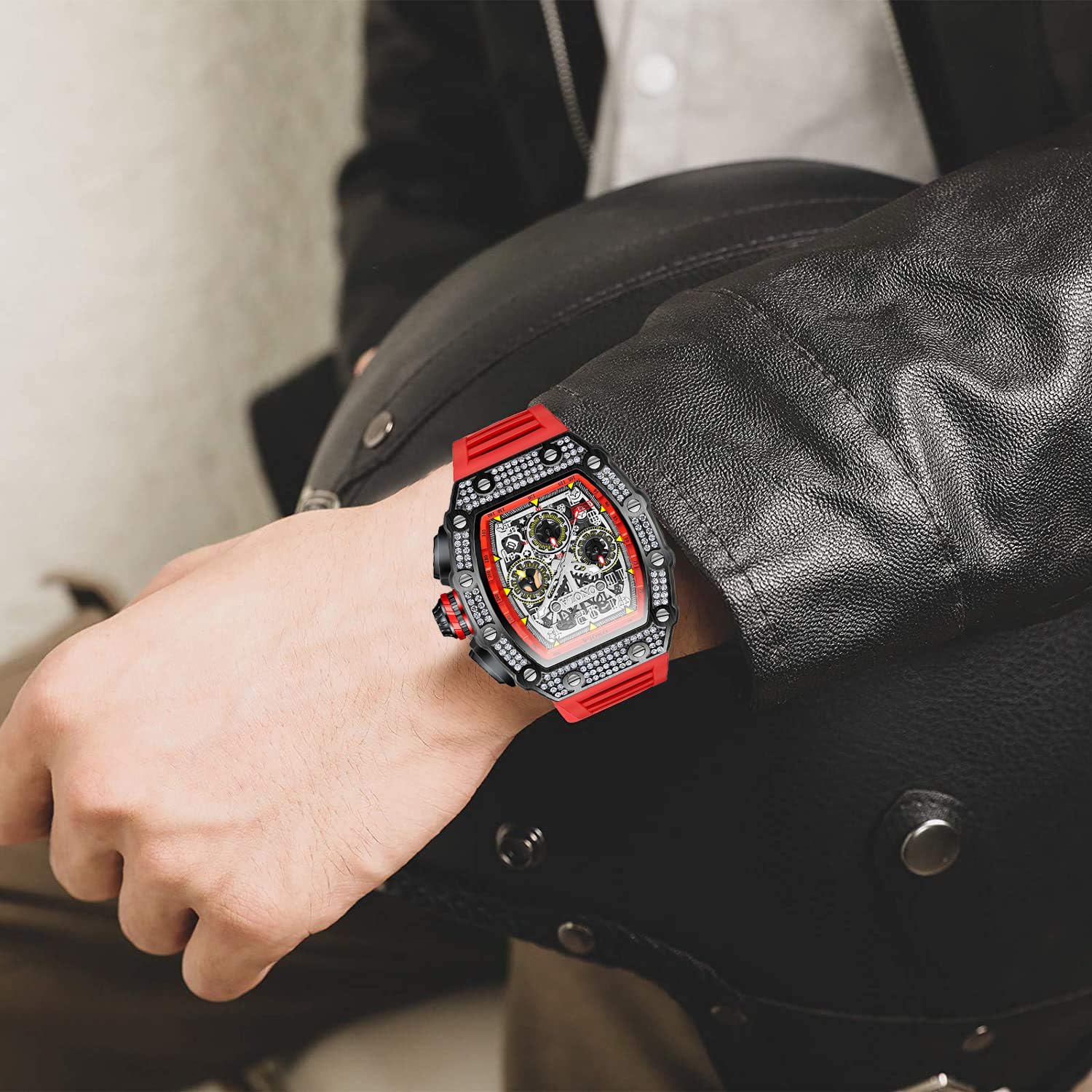 Mens Bling Punk Diamond Cronógrafo Relojes Moda Estilo Silicona Banda Deportes Reloj De Pulsera Reloj Rojo Multicolor