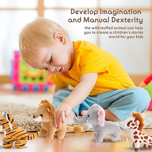 Miniatura 7 de Juego de 7 animales de peluche de safari de 4.72 pulgadas de la selva, incluye jirafa, tigre, león, oso, elefante, cebra, para fiestas temáticas de