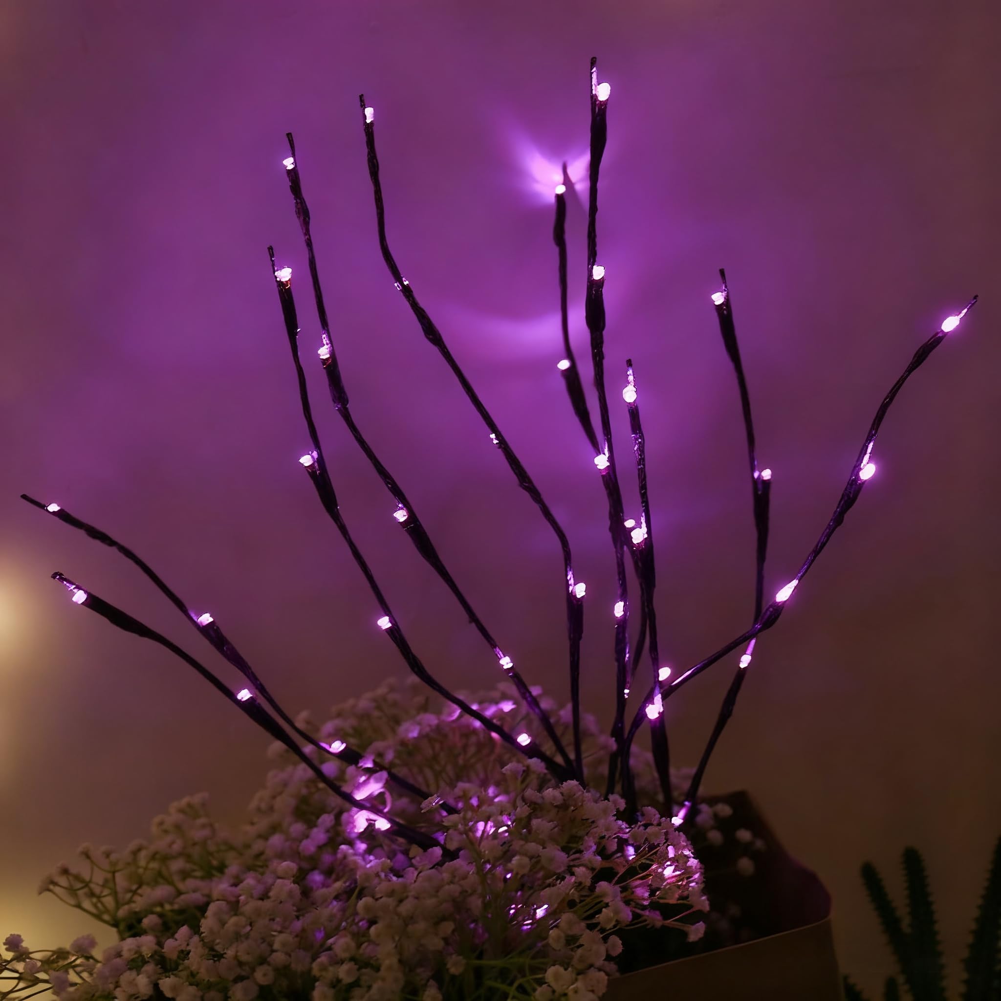 wpdash Mystical Purple Ambiance LED Simulation Branch Lights - 3 Branches/60 Purple LEDs 74cm Battery-Powered Vase Fillers Waterproof Instagram Lights for Mysterious Bedroom & Lounge Bar Decor