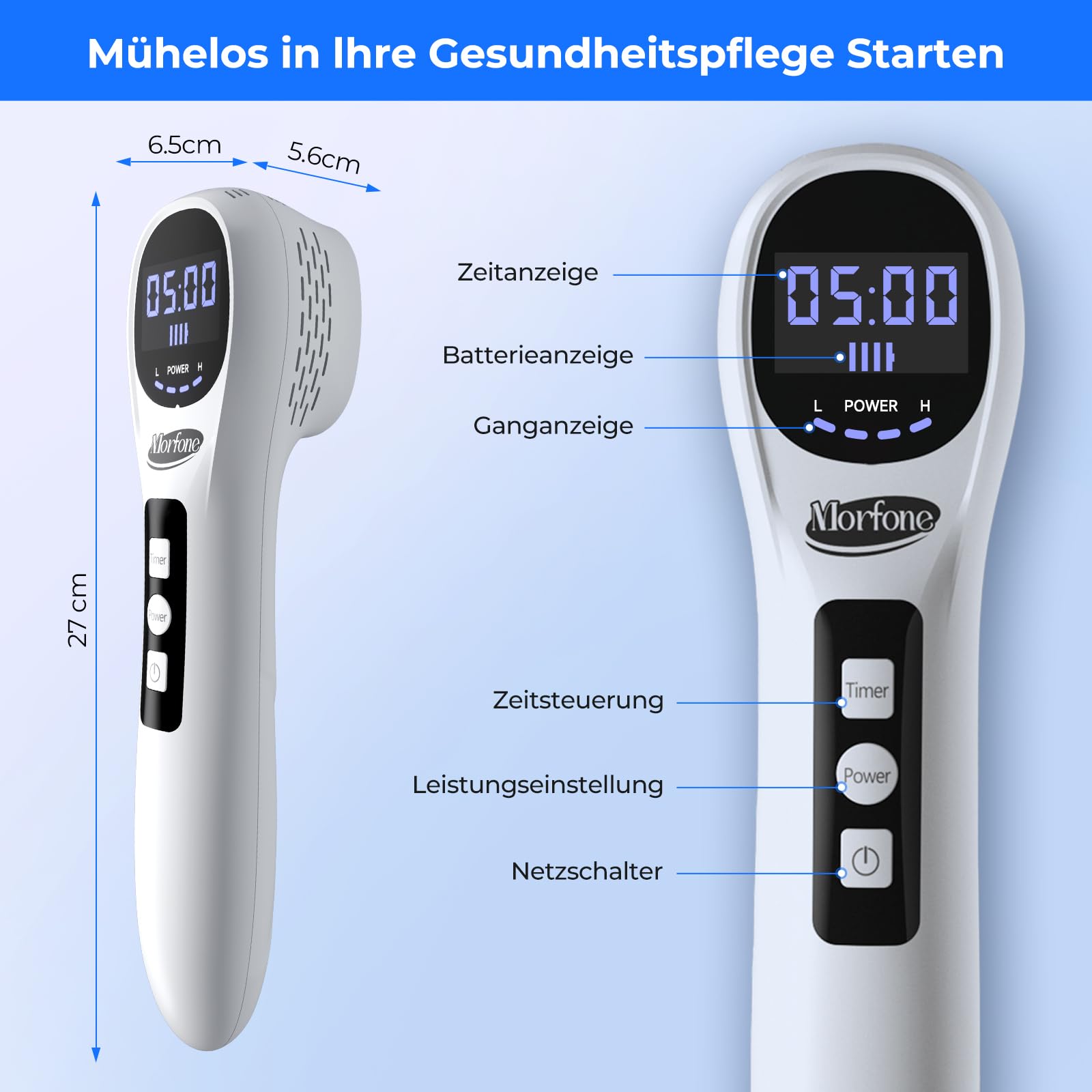 Morfone Rotlicht Handgerät, 5x808nm + 12x650nm, 3600mAh Tragbar Infrarotlampe, 4 Modi Rotlichtlampe zur Muskel, Ganzkörper & Gesicht für Menschen Haustiere, Mit Schutzbrille & Ständer, Weiß