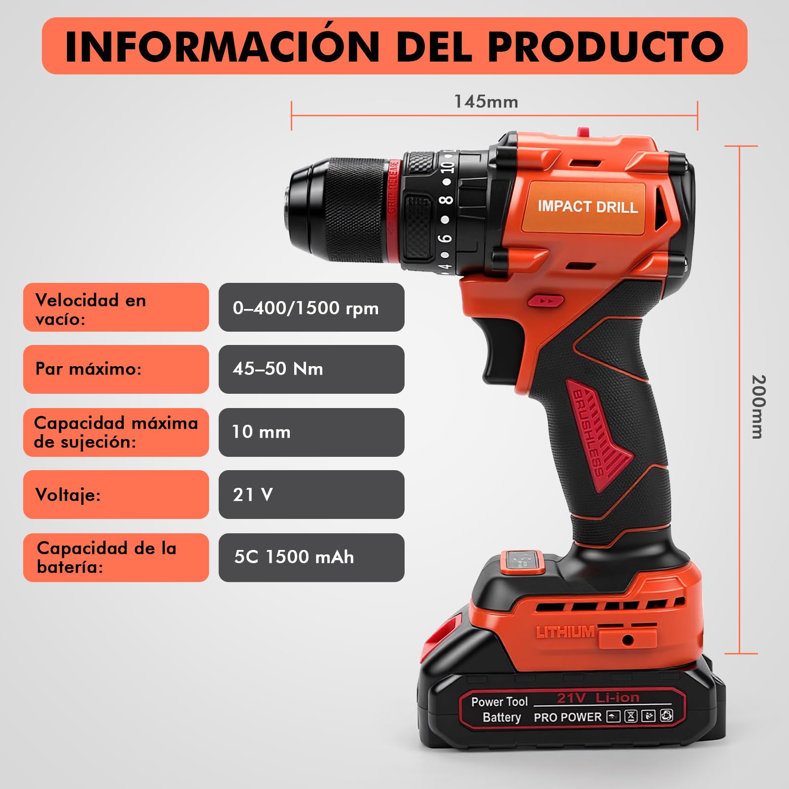 Taladro Percutor a Batería 21V, 2 Baterías 1.5Ah, 50Nm, 20+1 Ajustes de Par | Taladro Atornillador Eléctrico, 2 Velocidad, 24 Accesorios, LED Luz para Hogar, Bricolaje, Destornillador Eléctrico Brushless