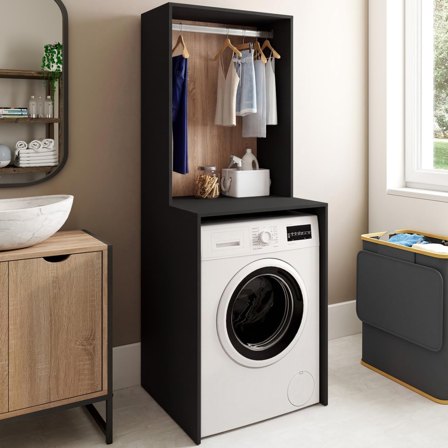 IDMarket – Mueble superior lavadora con armario Wallis negro y madera de haya