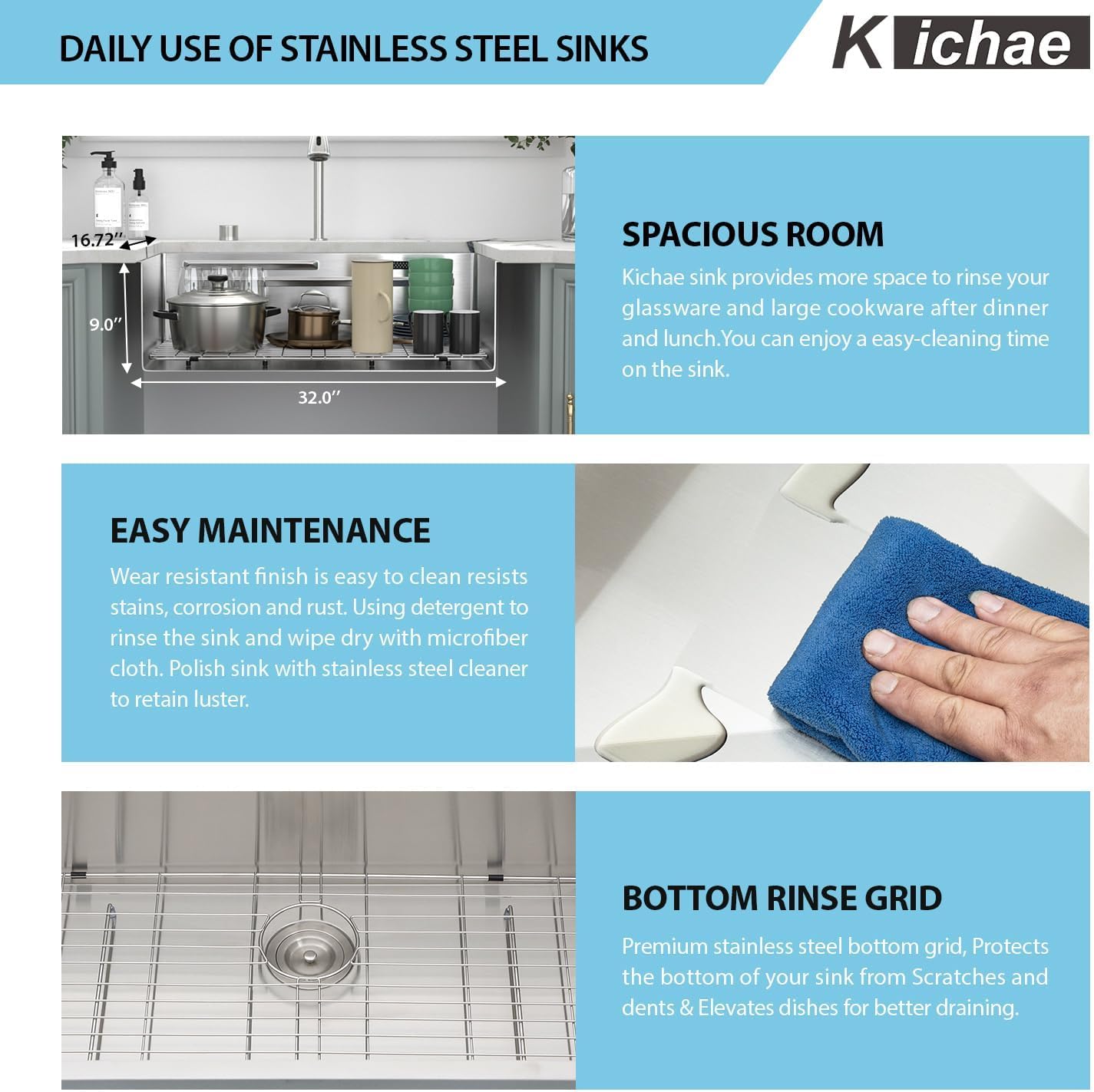 Kichae 32"x17" Undermount Waterfall Kitchen Sink - 32" Undermount Sink Ledge Workstation 16 Gauge Stainless Steel Deep Single Bowl Under Counter Handmade Basin with Wash Basin