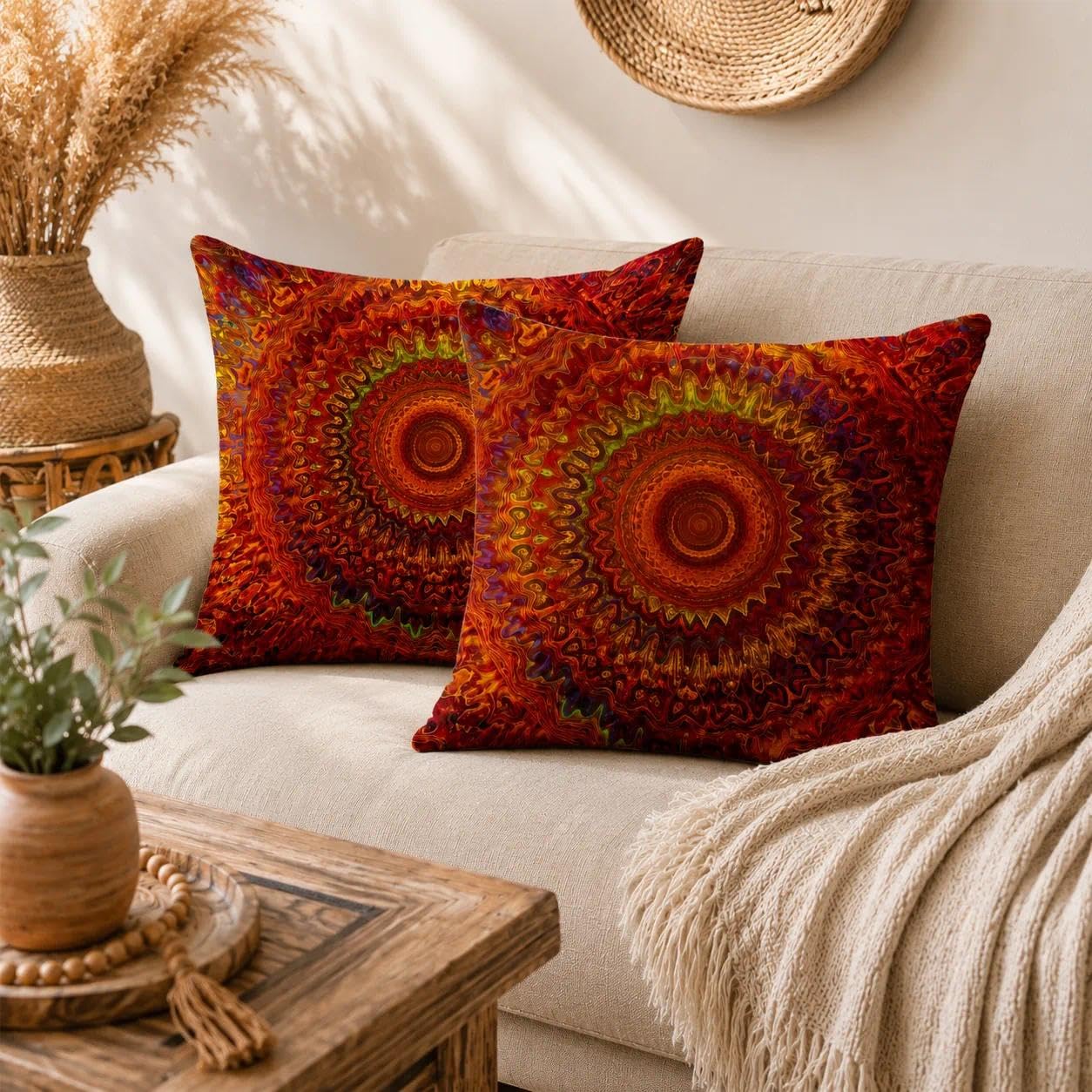 Gemdoit Mandala Cushion Covers 45 X 45cm Set Of 2, Red Orange Psychedelic Boho Cushion Covers Square Decorative Pillowcases For Sofa Couch Bedroom Living Room, Abstract Art Home Decor 18 X 18 Inch