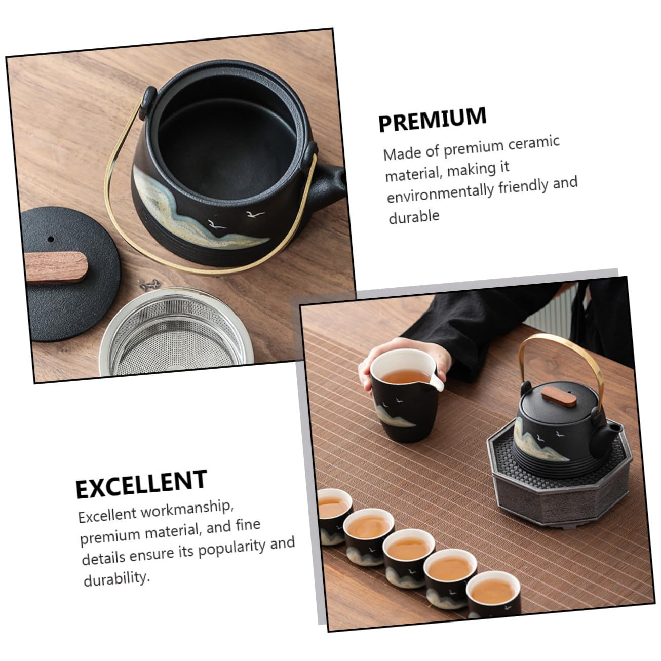 Tetera Diseño Creativo y Elegante Color Negro de Cerámica Pintada a Mano Mango de Tacto Frío para Sala de Té Profesional y Uso Hogar