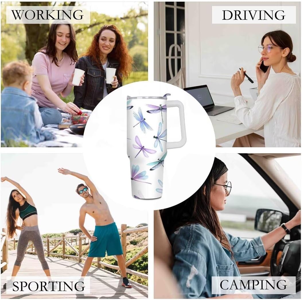 40 oz Dragonfly Tumbler with Handle and Straw Travel Mug Water Bottle, Stainless Steel Insulated Coffee Cup with Lid and Straw, Birthday Gifts