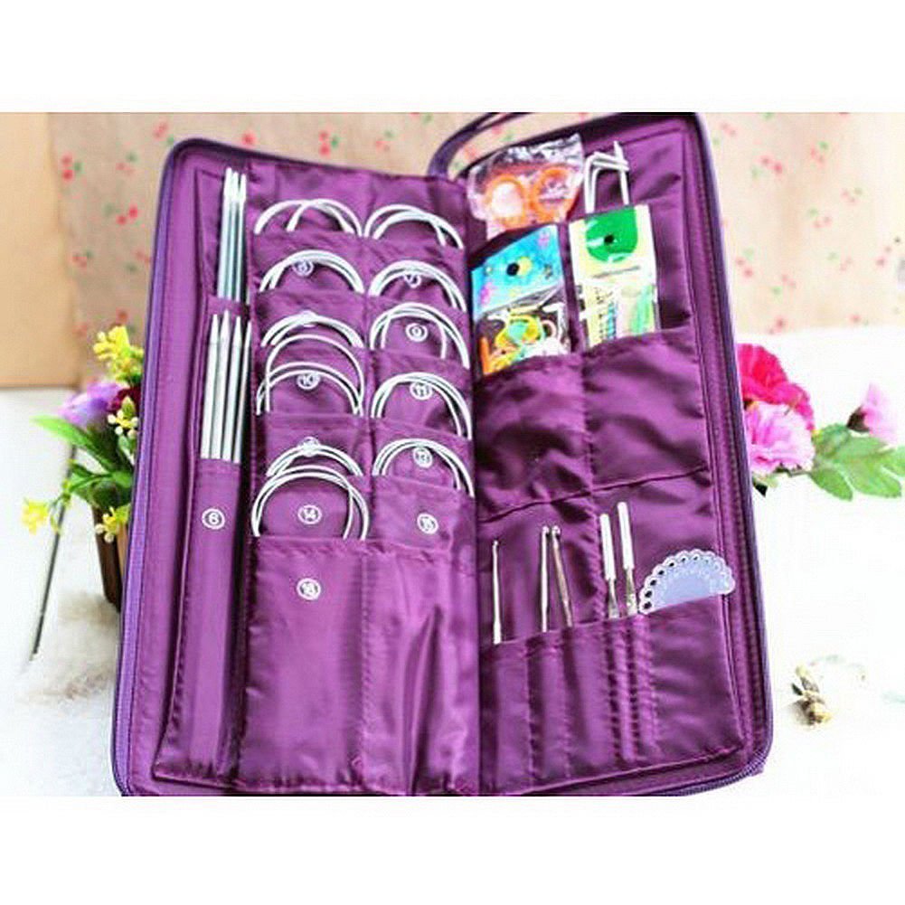 104 szt. Zestaw do robienia na drutach Igły do ​​robienia na drutach ze stali nierdzewnej Proste + igły okrągłe + szydełko Robótki Narzędzia ręczne z torbą Pu