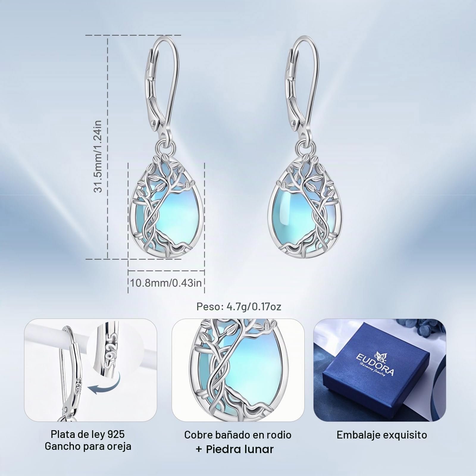 Plata de Ley 925 Pendientes de Árbol de la Vida/Tortuga Marina/Estrella de Mar/Serpiente Luna/Vaca Highland Pendientes de Turquesa Piedra de Luna Joyería Regalo para Mujer