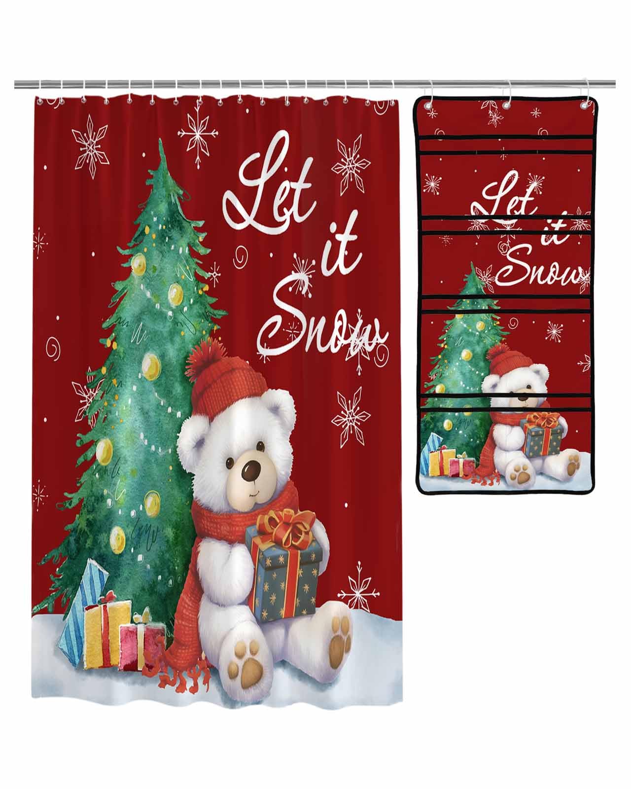 ZFUNCING Shower Curtain Mesh Shower Organizer Set Christmas White Bear Xmas Tree Waterproof Bath Curtains Hanging Shower Caddy