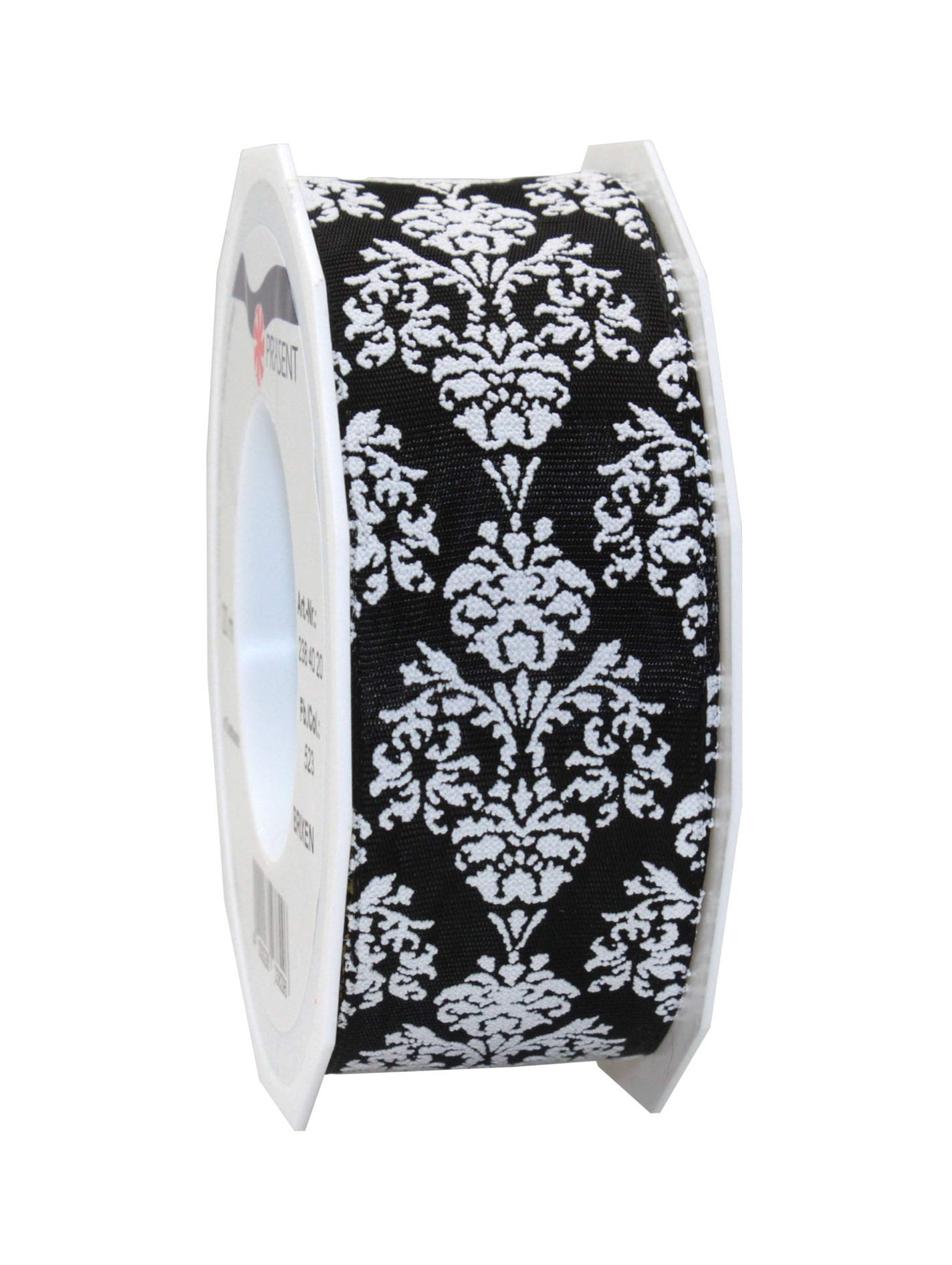 Präsent - Brixen Wired & Printed Ribbon Black-White 40 mm Width, 20 m Length